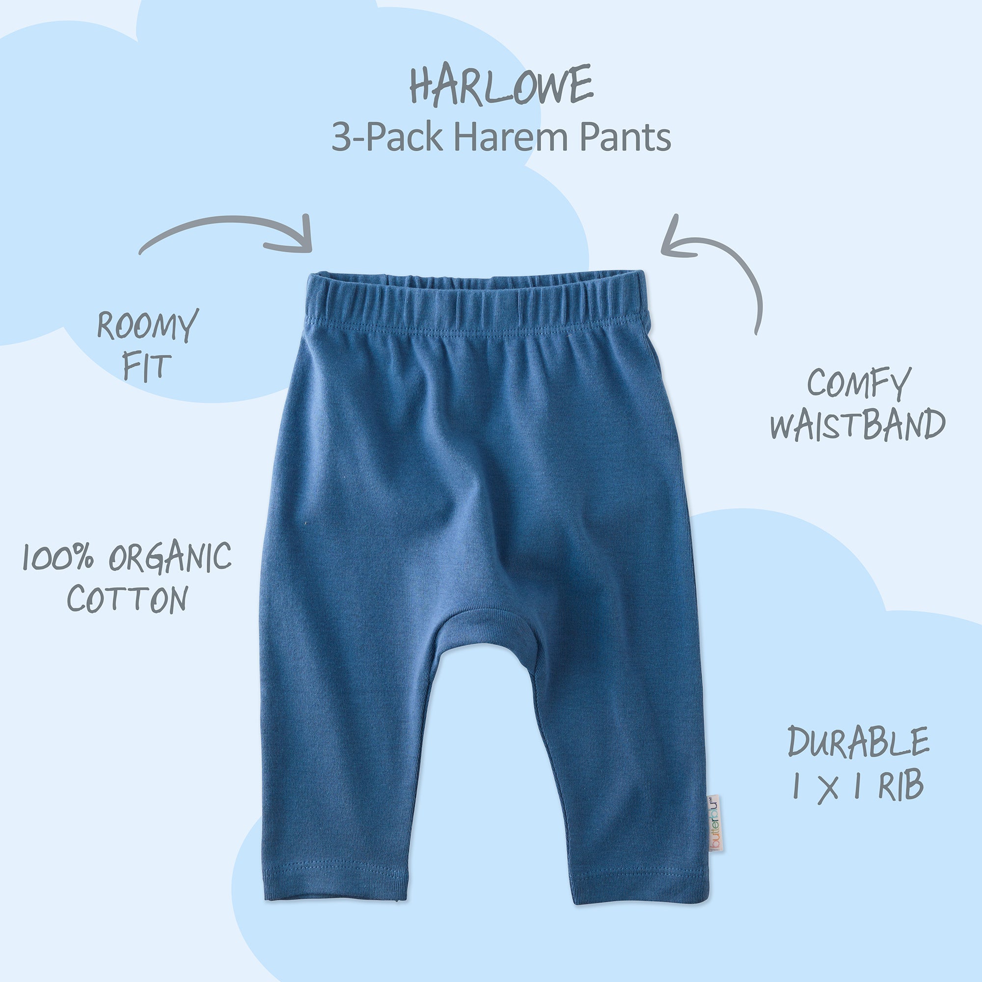 Harlowe Harem pants with product descriptions surrounding it and HARLOWE title at the top

