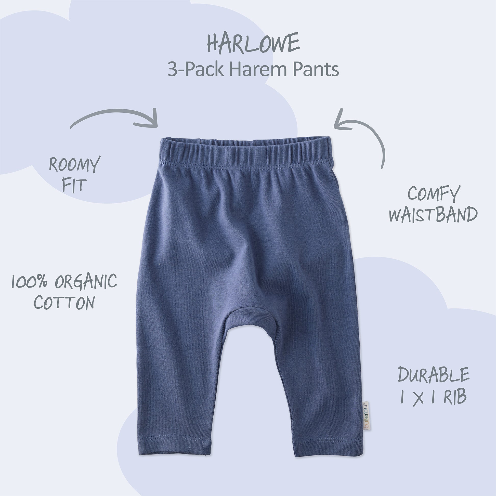Harlowe Harem pants with product descriptions surrounding it and HARLOWE title at the top

