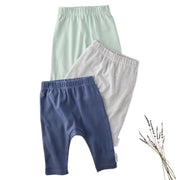 Layout of 3 pairs of harem pants in Frost on a white background with a  Lavender detail
