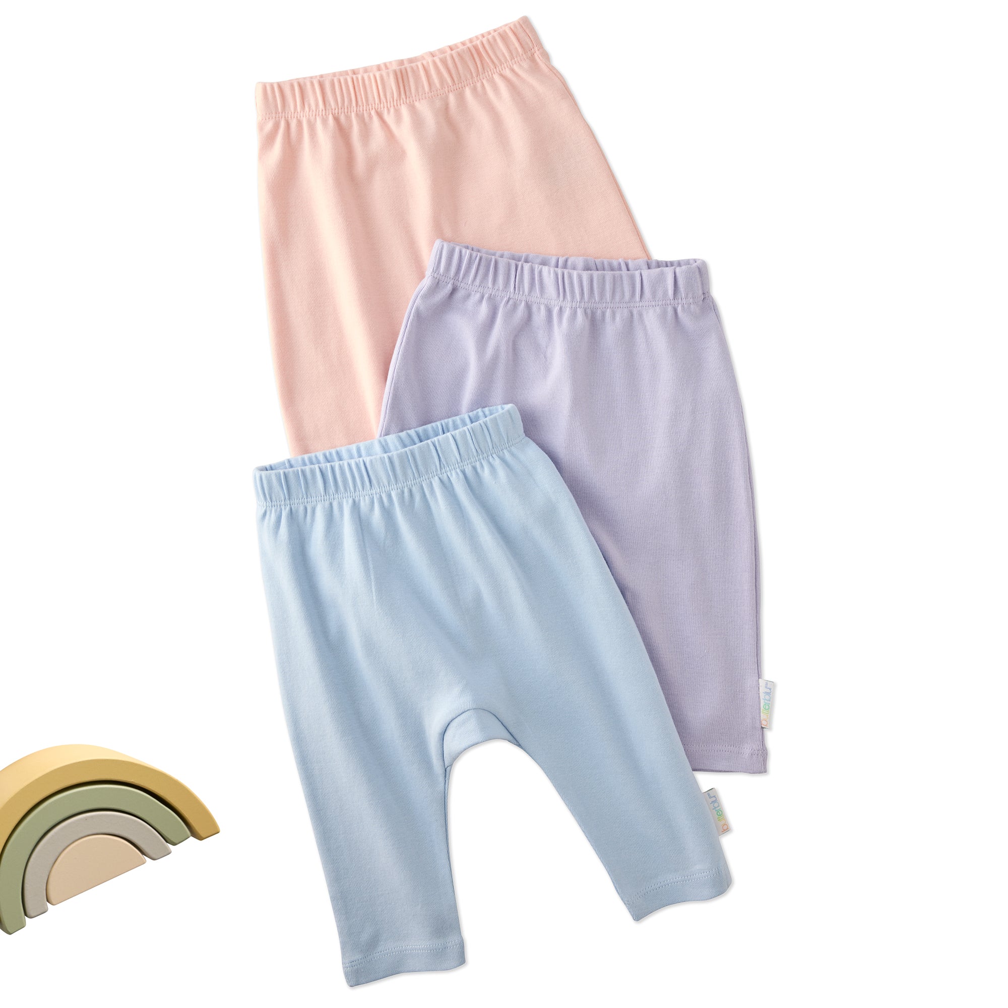 Layout of 3 pairs of harem pants in Haze on a white background with a rainbow detail
