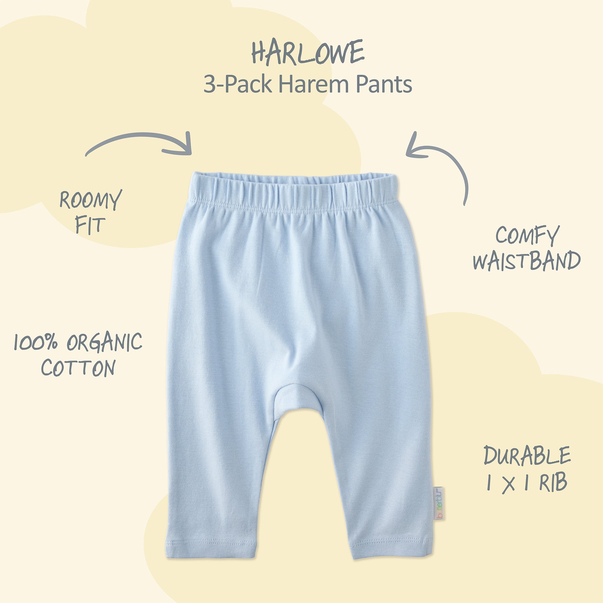 Harlow Harem pants with product descriptions surrounding it and HARLOWE title at the top
