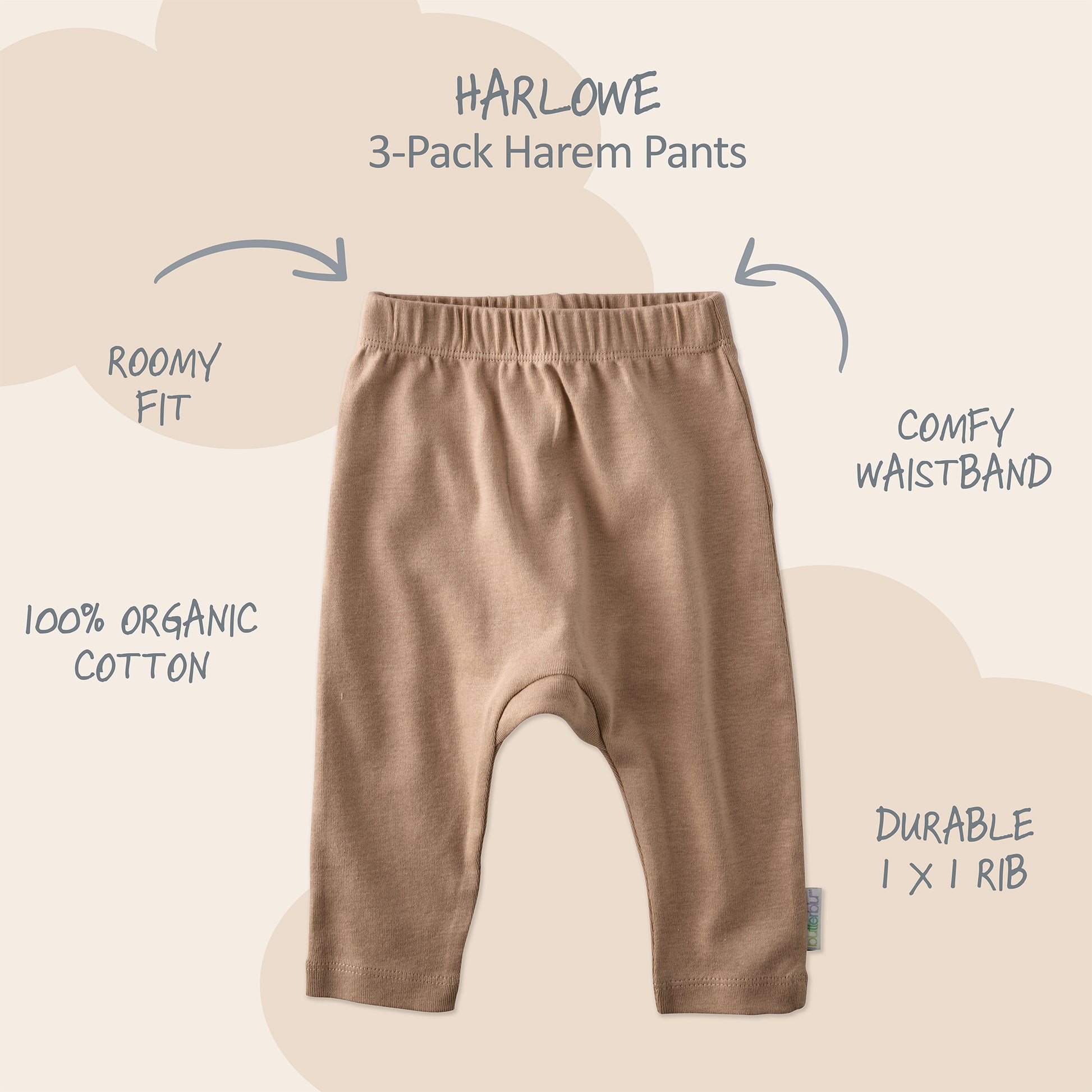 Harlowe Harem pants with product descriptions surrounding it and HARLOWE title at the top