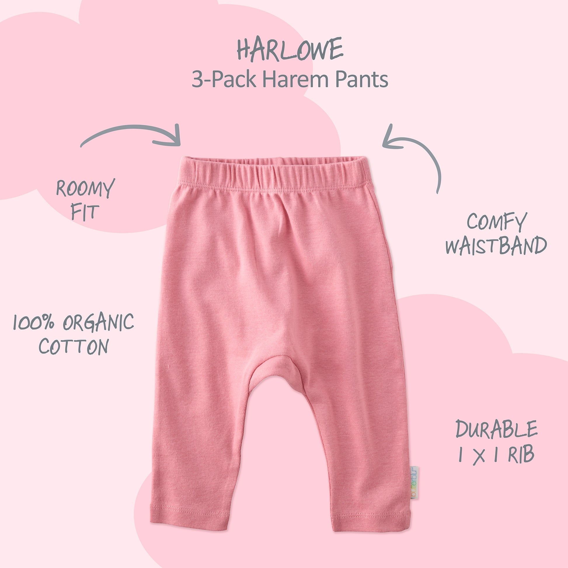 Harlowe Harem pants with product descriptions surrounding it and HARLOWE title at the top