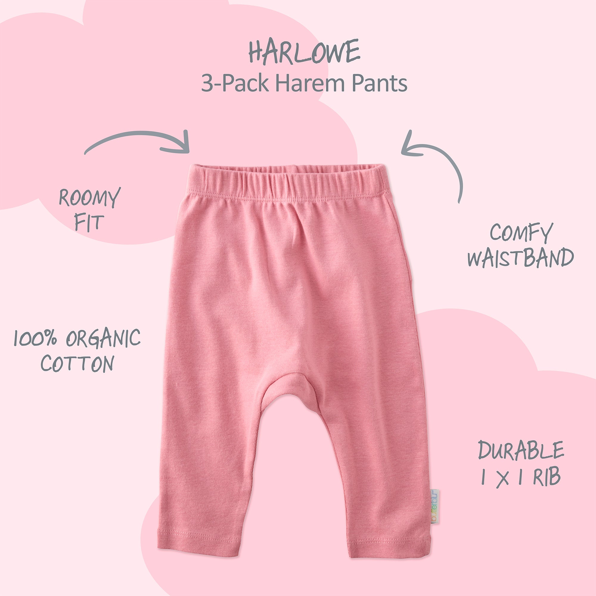 Harlowe Harem pants with product descriptions surrounding it and HARLOWE title at the top
