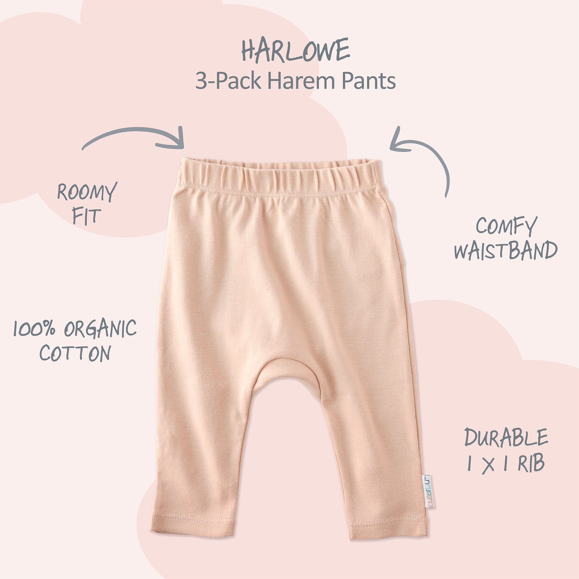 Harlowe Harem pants with product descriptions surrounding it and HARLOWE title at the top