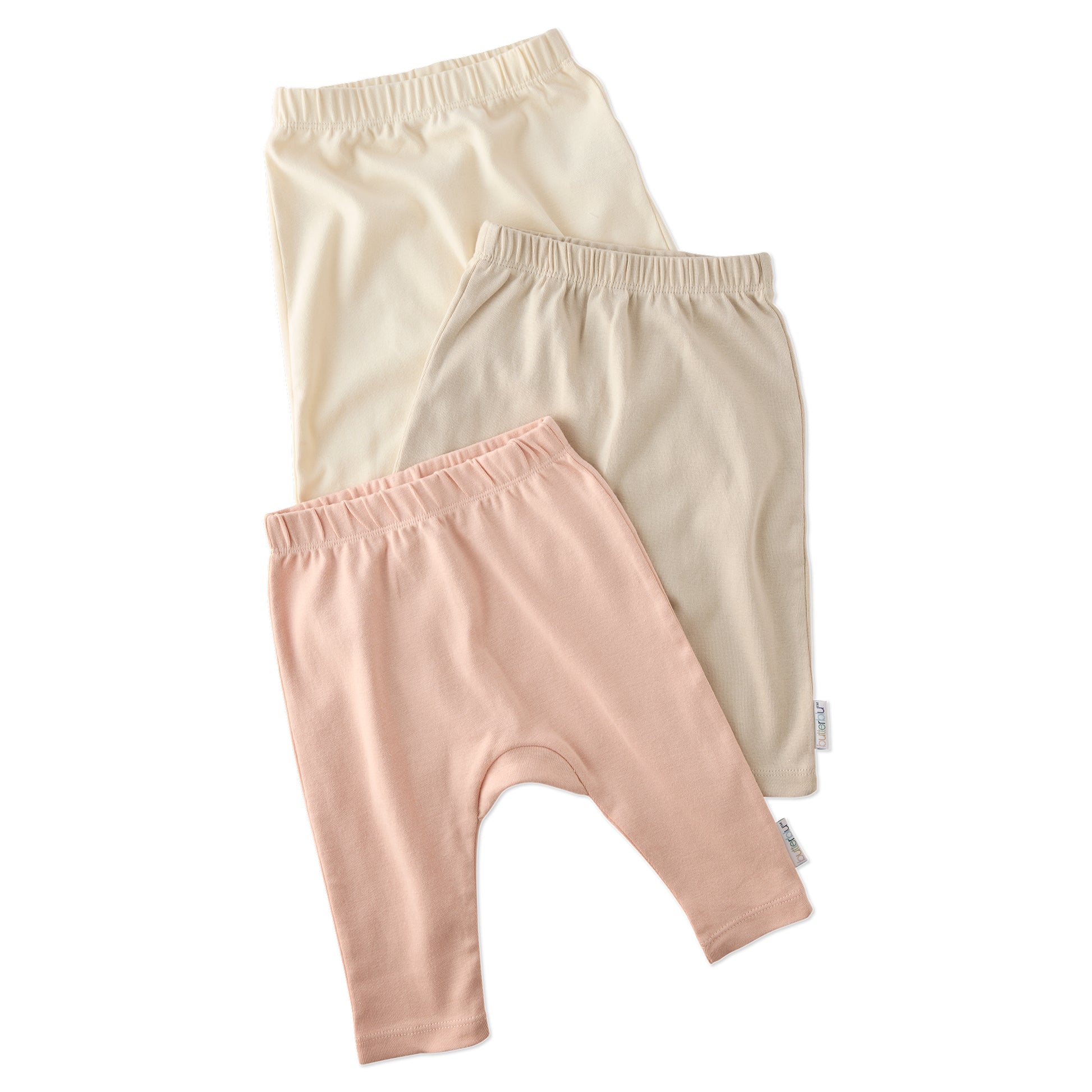 Layout of harem pants in Pink Sands on a white background
