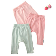 Layout of 3 pairs of harem pants in Strawberry on a white background with a Strawberry detail
