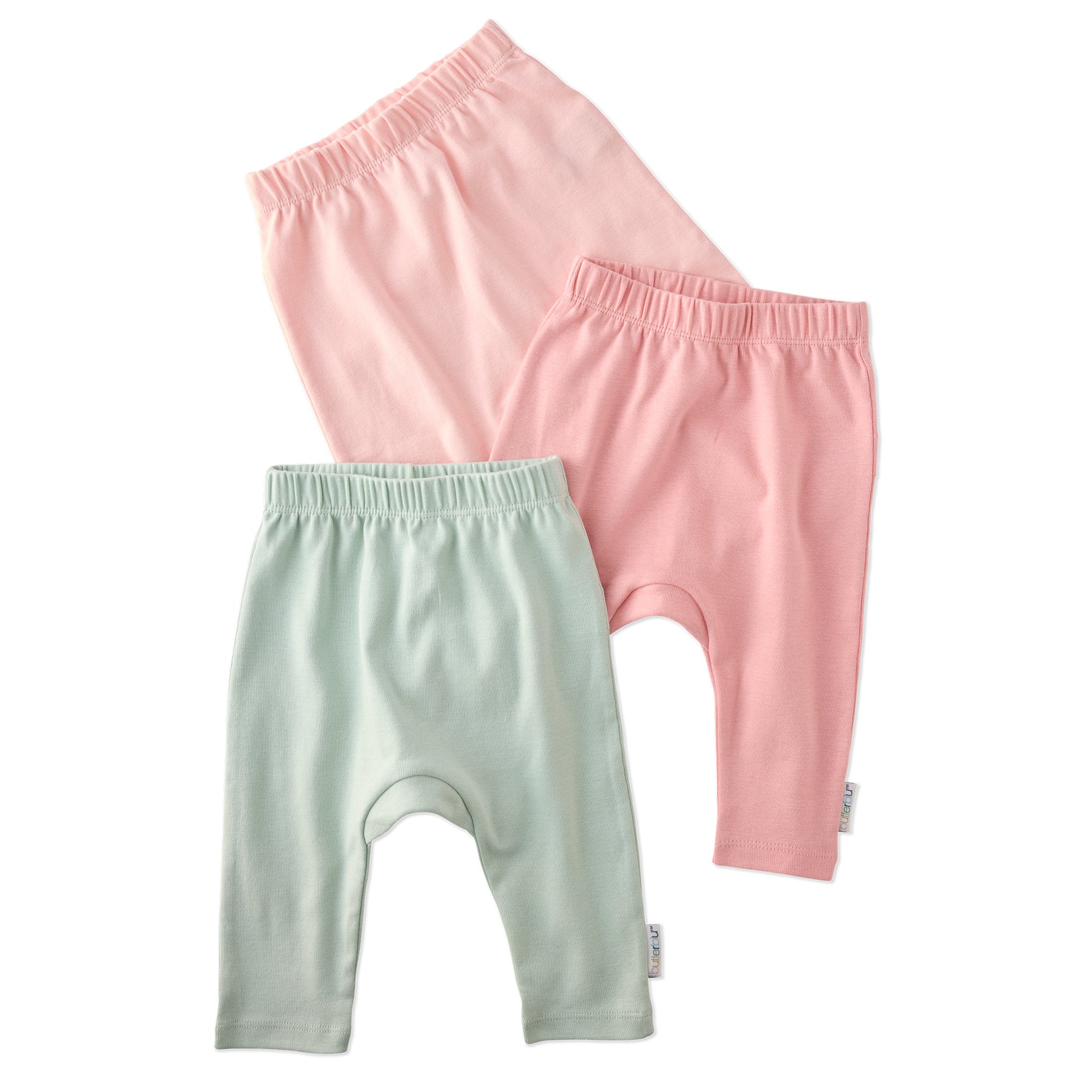 Layout of harem pants in Strawberry on a white background
