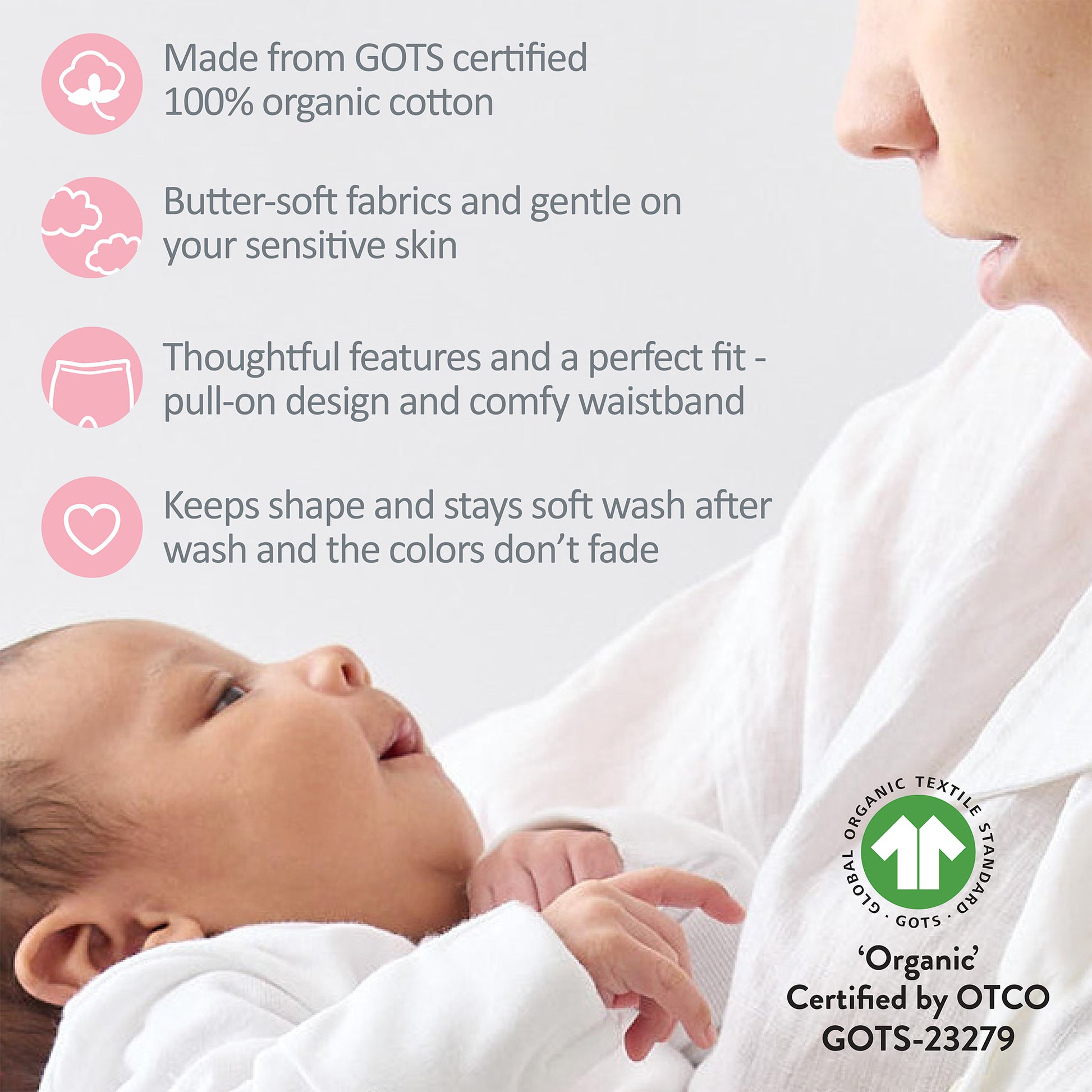 Cute baby and Sam GOTS certification badges
