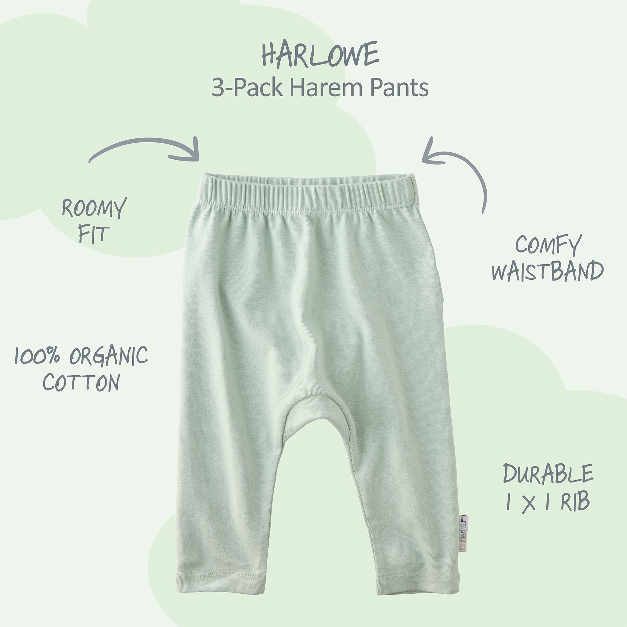 Harlowe Harem pants with product descriptions surrounding it and HARLOWE title at the top
