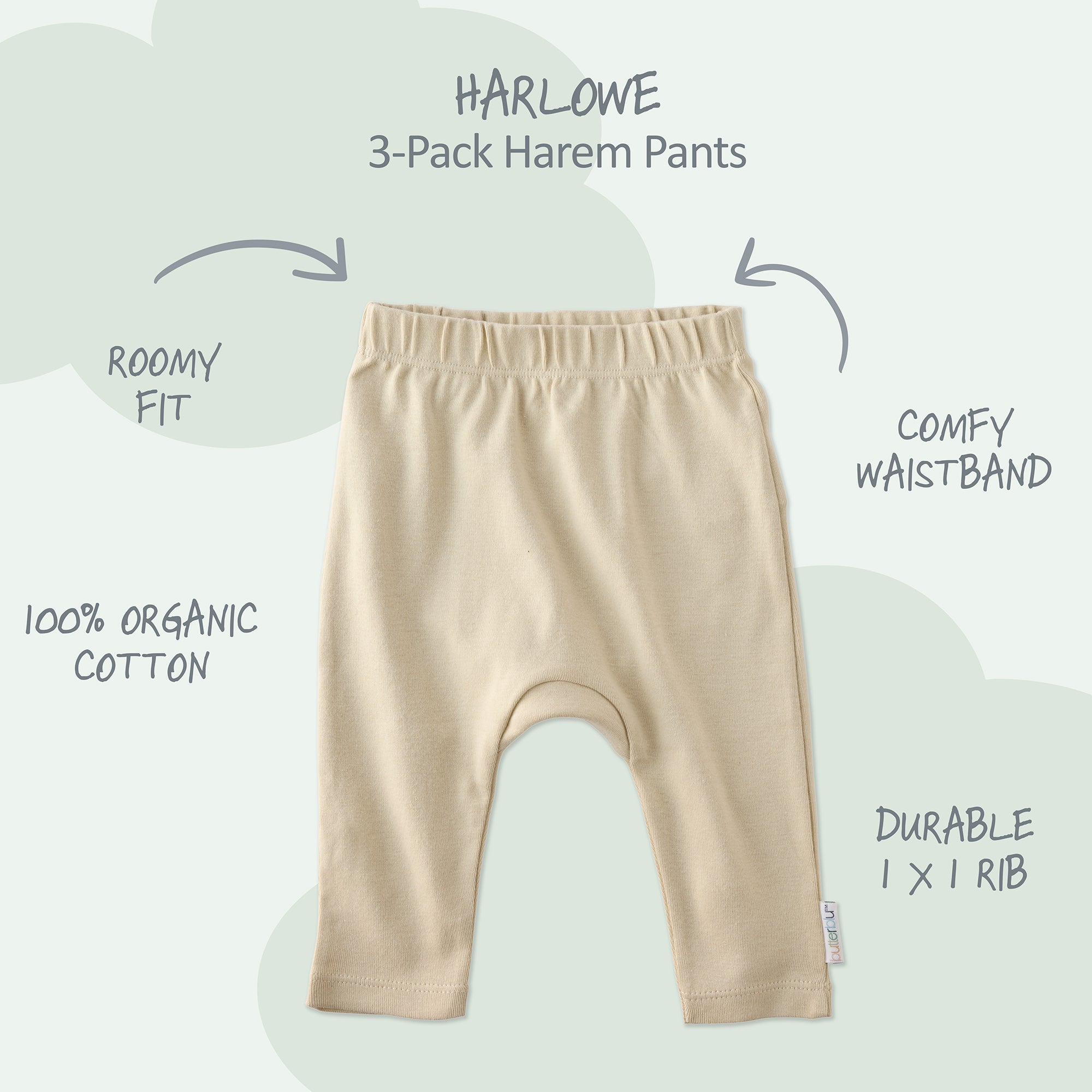 Harlowe Harem pants with product descriptions surrounding it and HARLOWE title at the top
