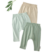 Layout of 3 pairs of harem pants in Sage on a white background with a leaf detail
