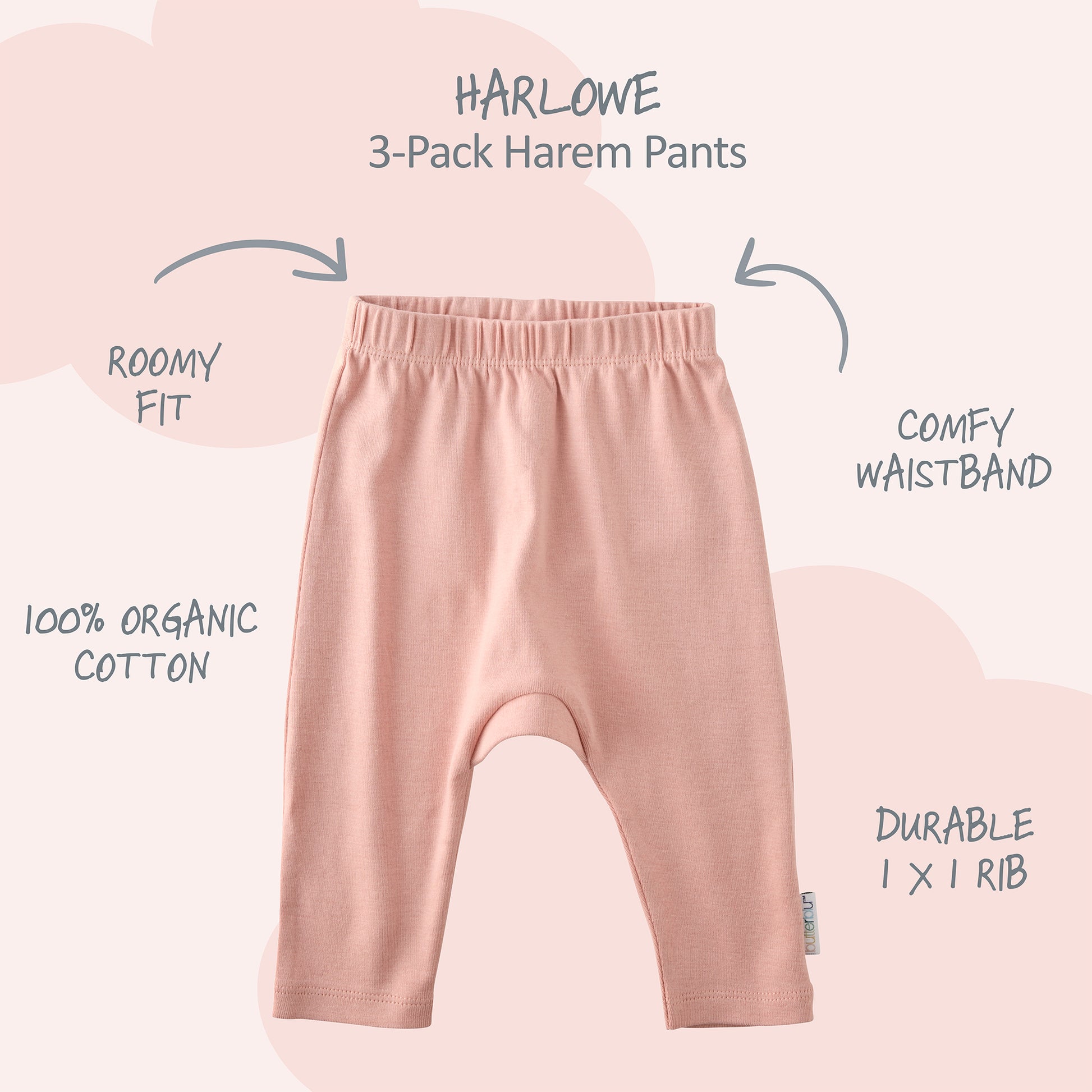 Harlowe Harem pants with product descriptions surrounding it and HARLOWE title at the top