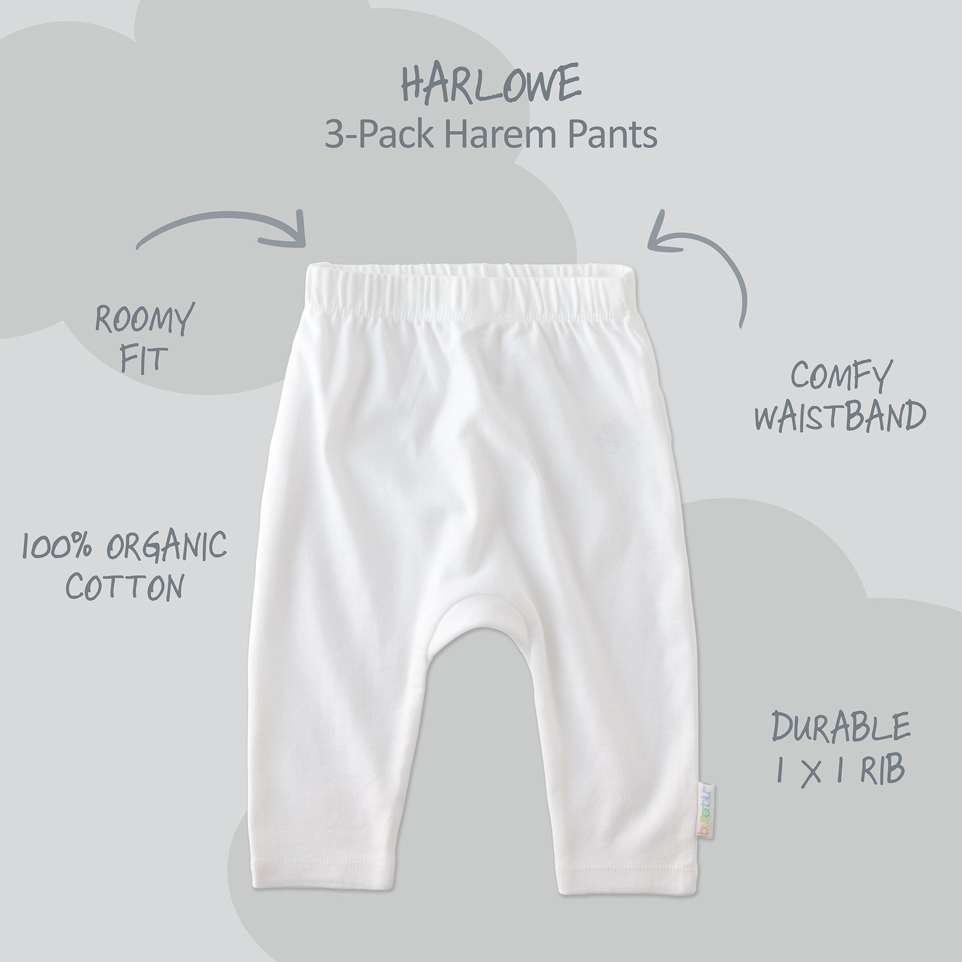Harlowe Harem pants with product descriptions surrounding it and HARLOWE title at the top
