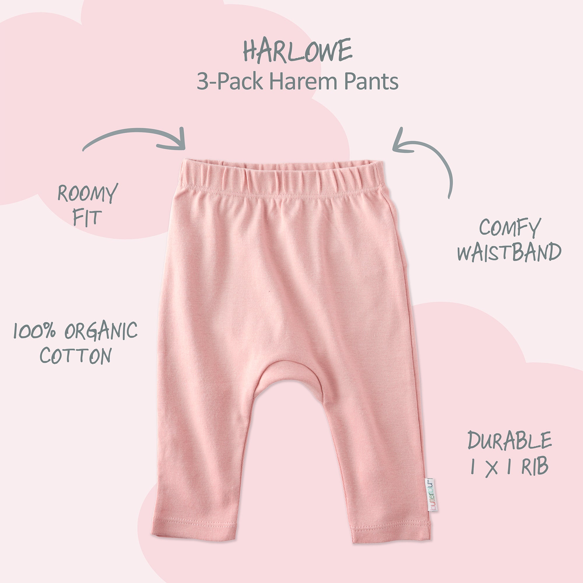 Harlowe Harem pants with product descriptions surrounding it and HARLOWE title at the top
