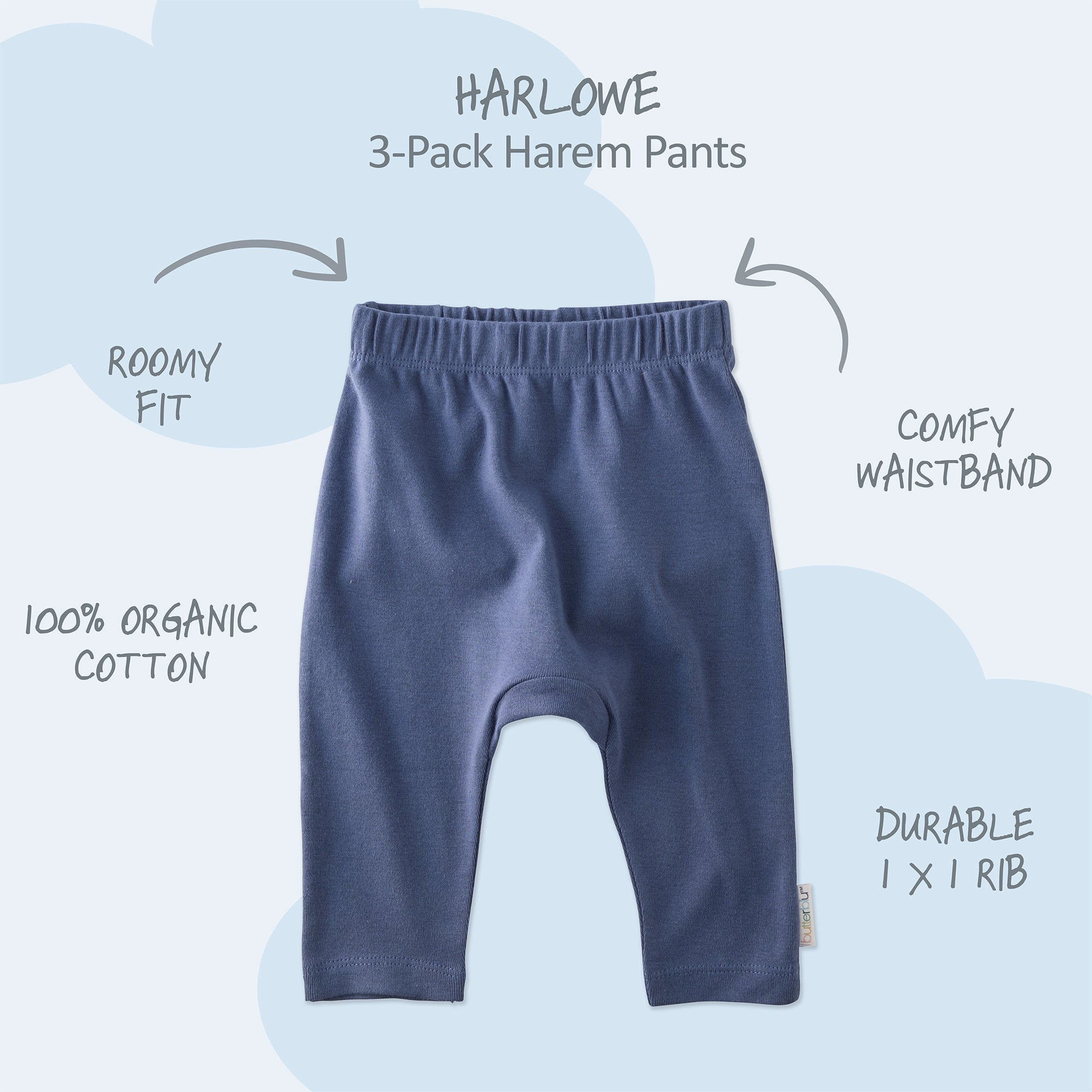 Harlowe Harem pants with product descriptions surrounding it and HARLOWE title at the top
