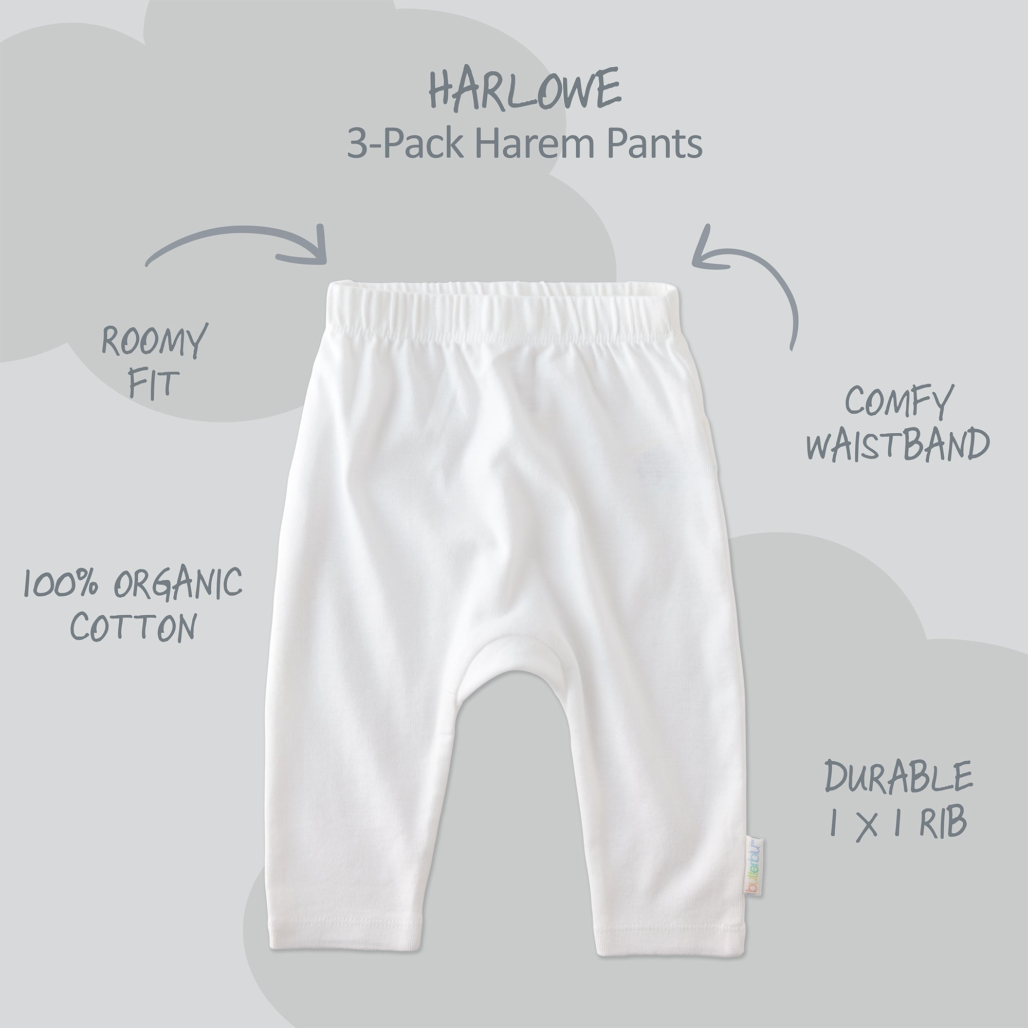Harlow Harem pants with product descriptions surrounding it and HARLOWE title at the top

