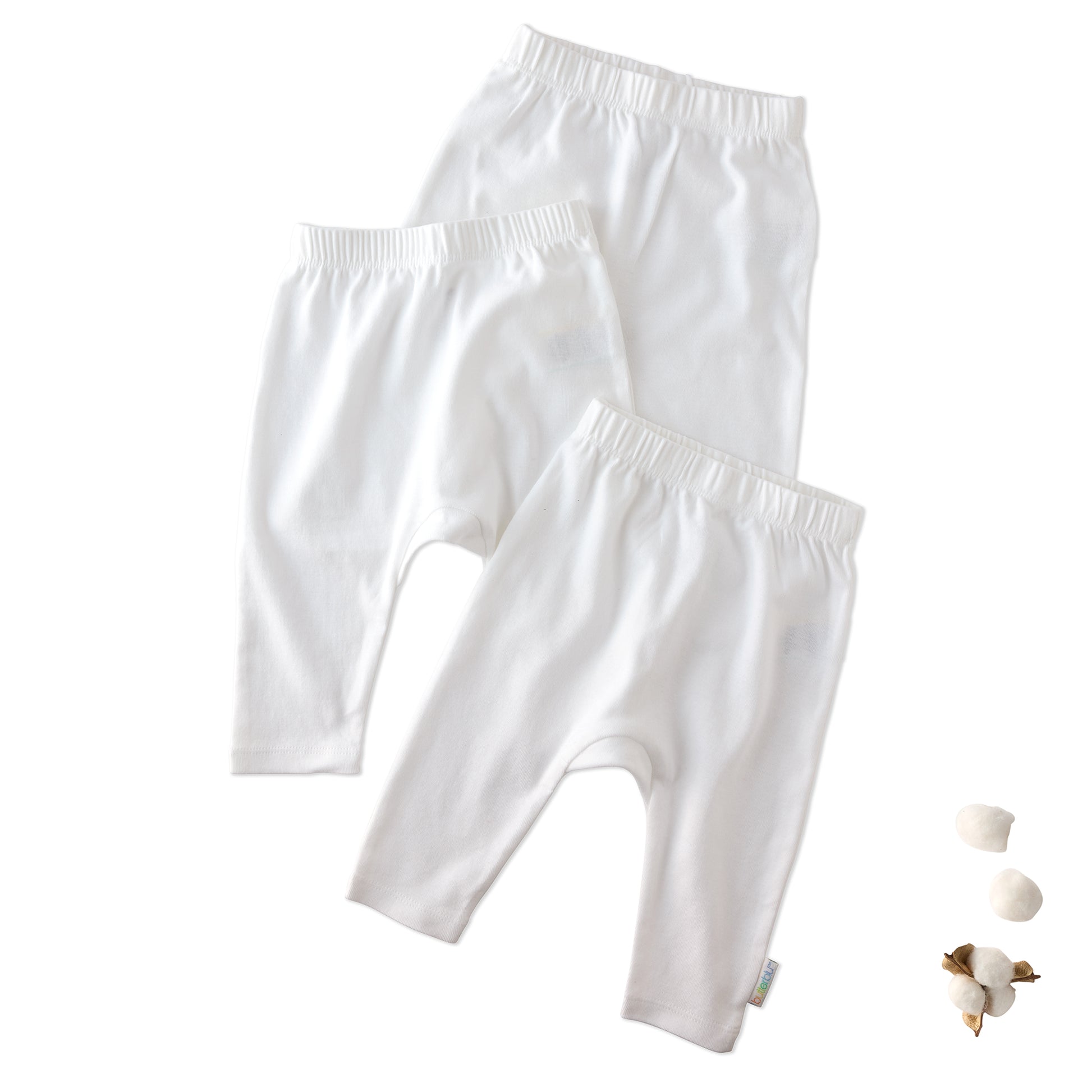 Layout of 3 pairs of harem pants in White on a white background with a cotton detail

