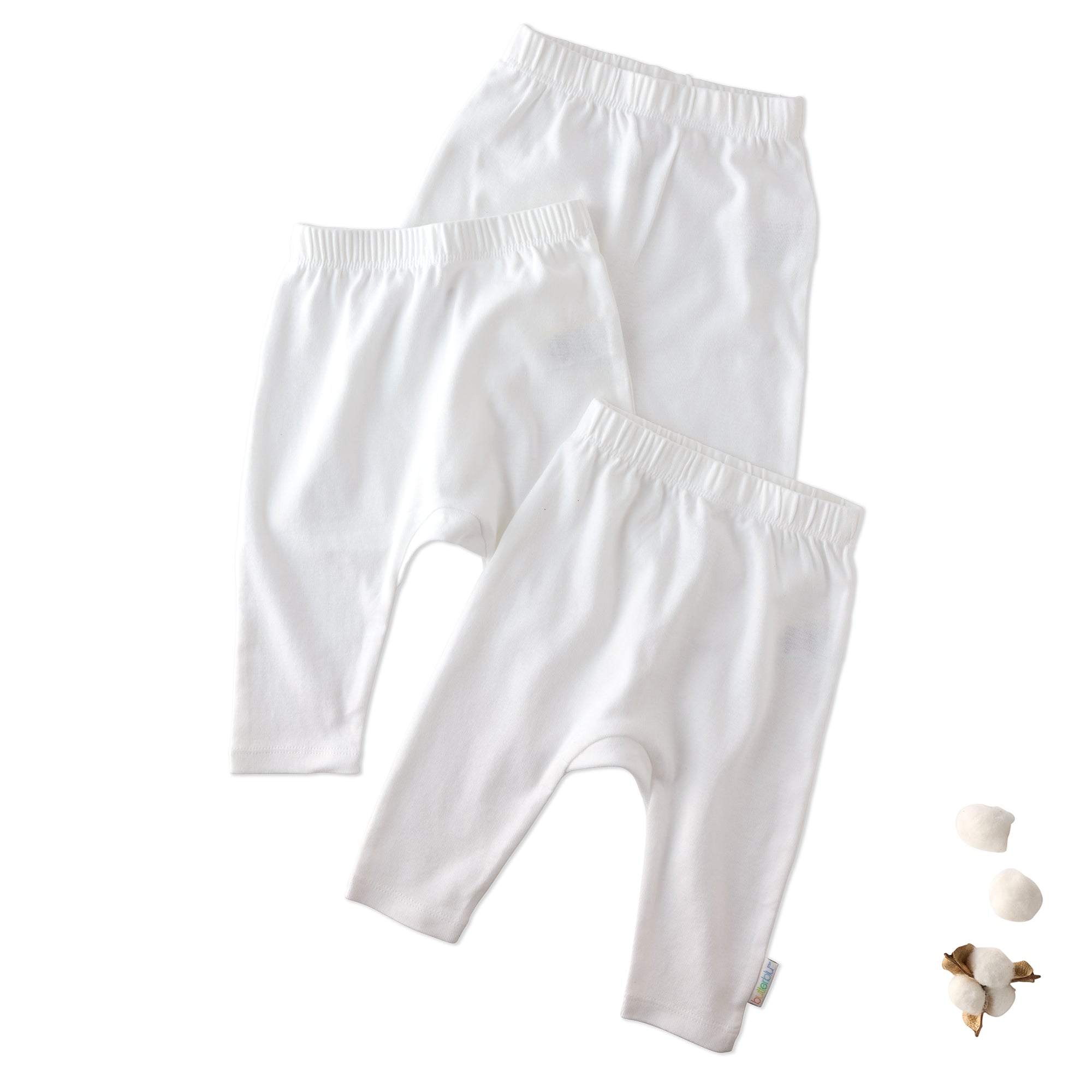 Layout of 3 pairs of harem pants in White on a white background with a cotton detail

