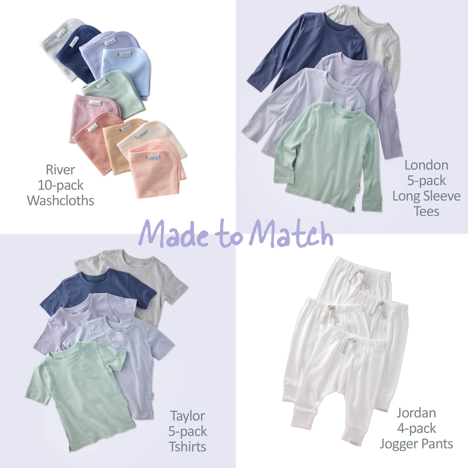 Collection of children's clothing including washcloths, long sleeve tees, t-shirts, and jogger pants with matching theme.