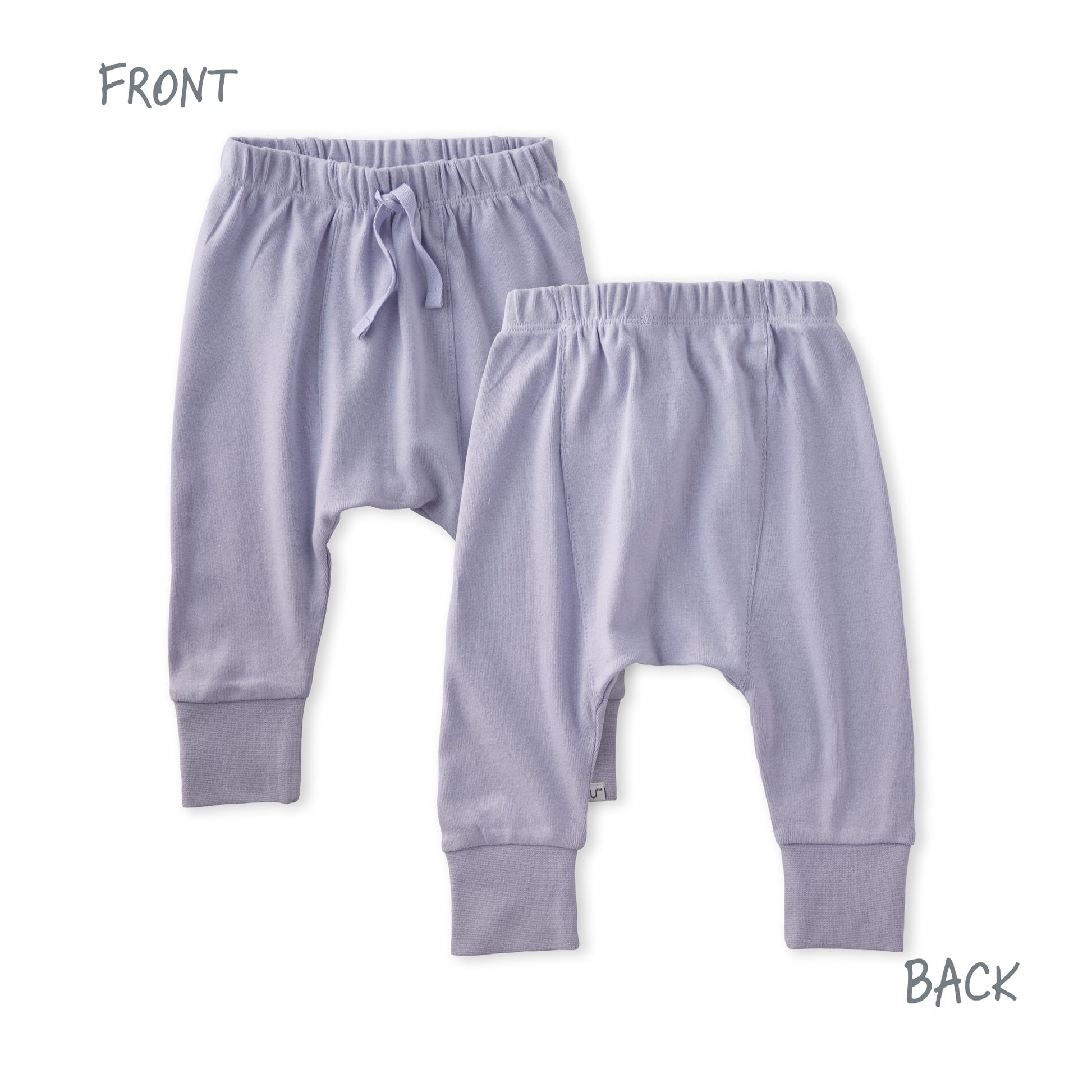 Light purple baby pants shown from front and back on a white background