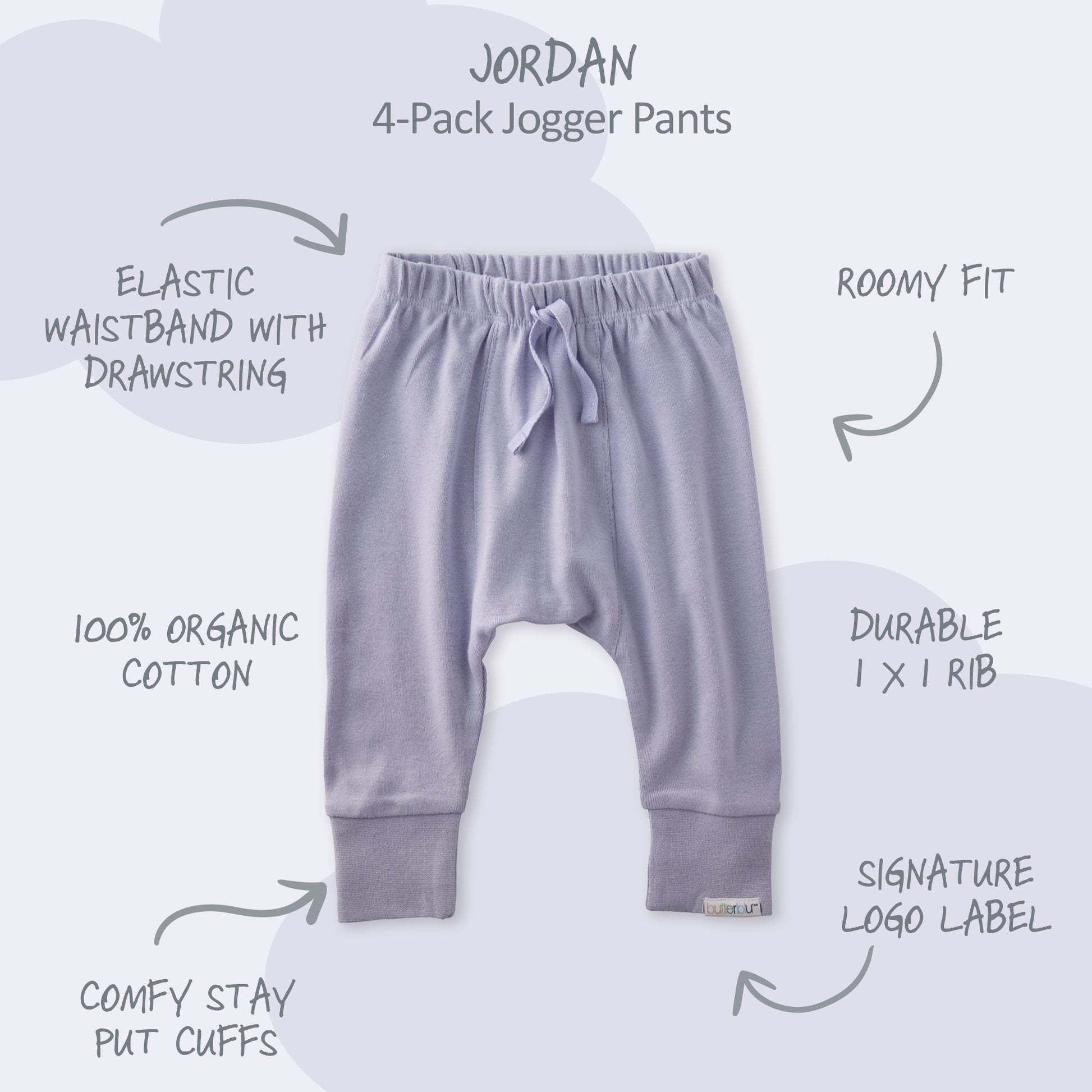 Gray jogger pants with features listed on a white background