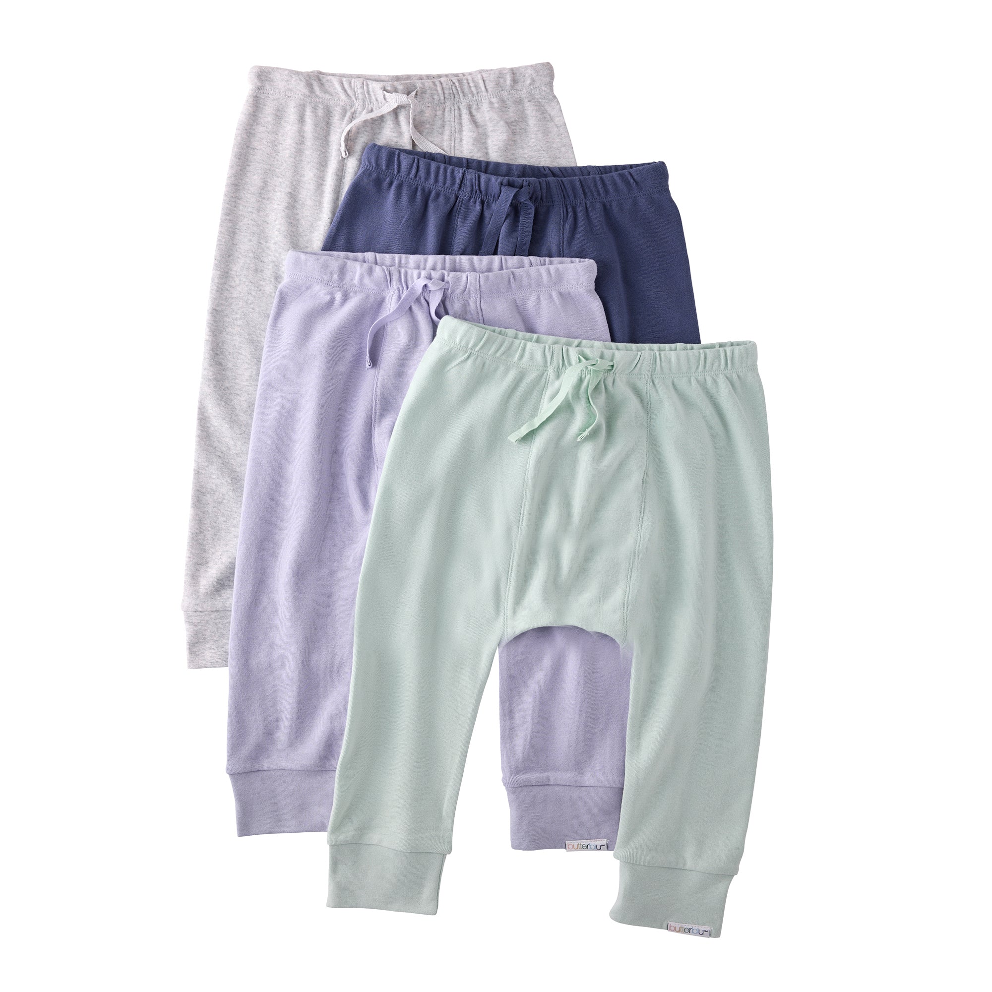 4 pairs of grey, navy, purple, and green sweats on a white background