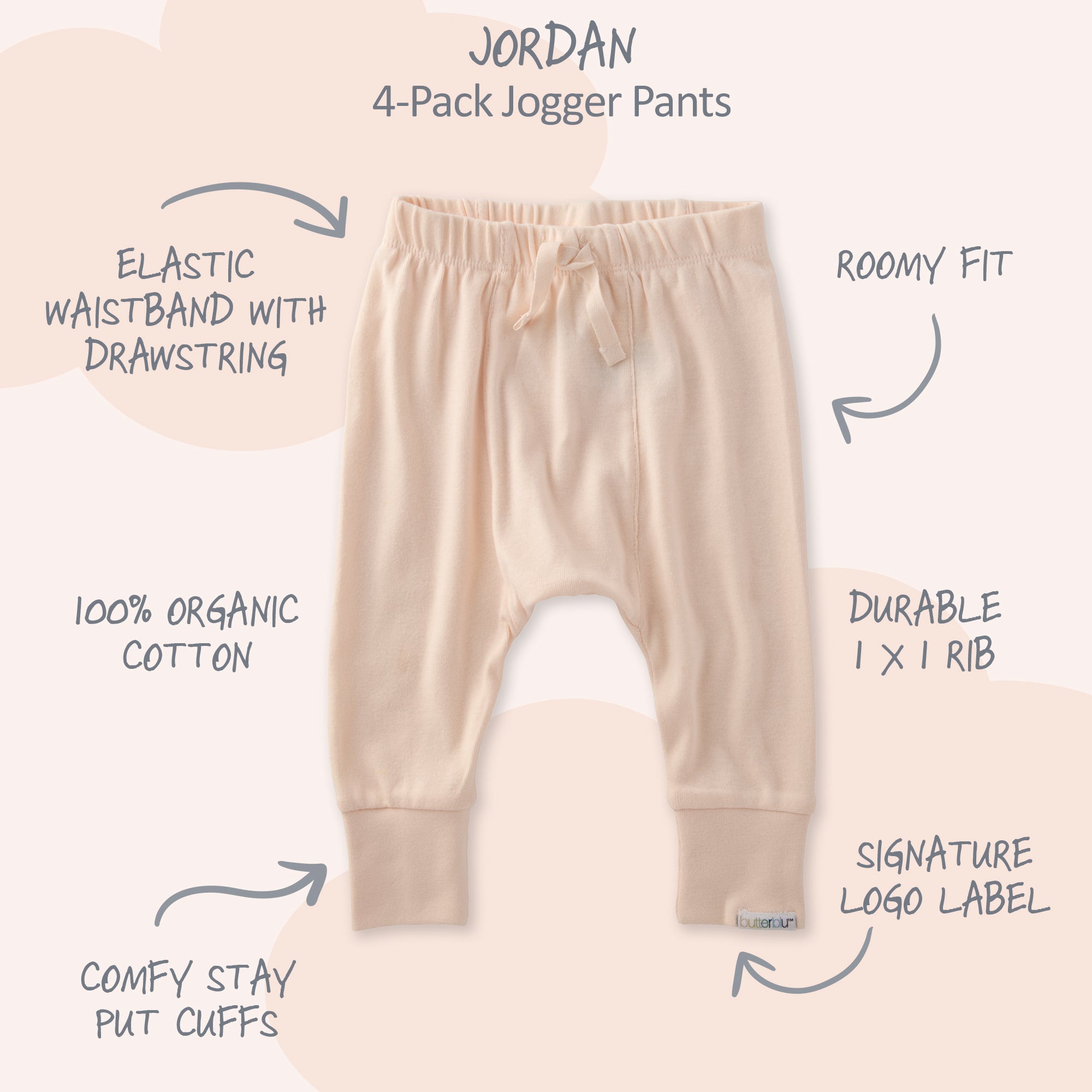 Beige jogger pants with features listed on a light pink background