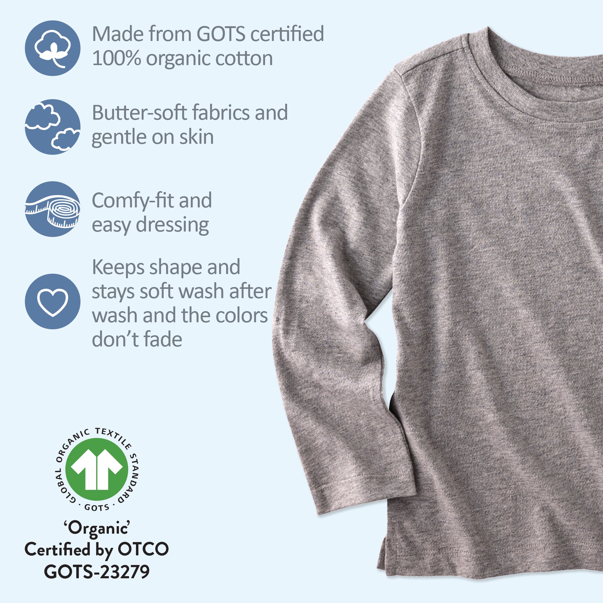 Long sleeve T-shirt on the right with GOTS product certifications on the left side