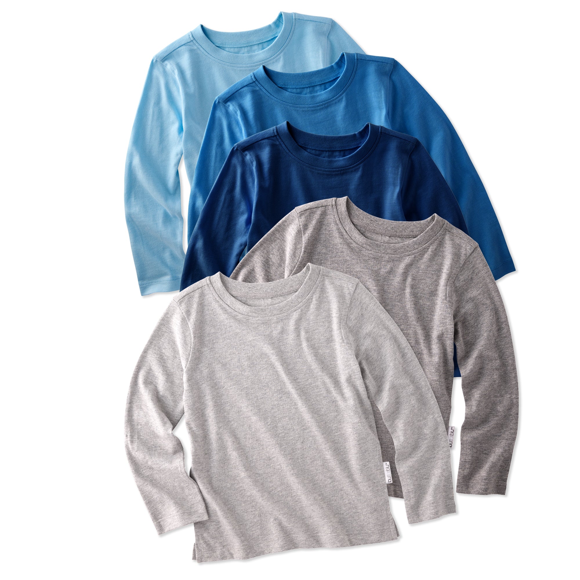 5 long sleeve Tshirts in blue, navy, and grey, and blue stacked on a white background