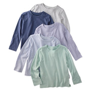 Stack of 5 long sleeve Tshirts in grey, navy, blue, and green, tacked on a white background