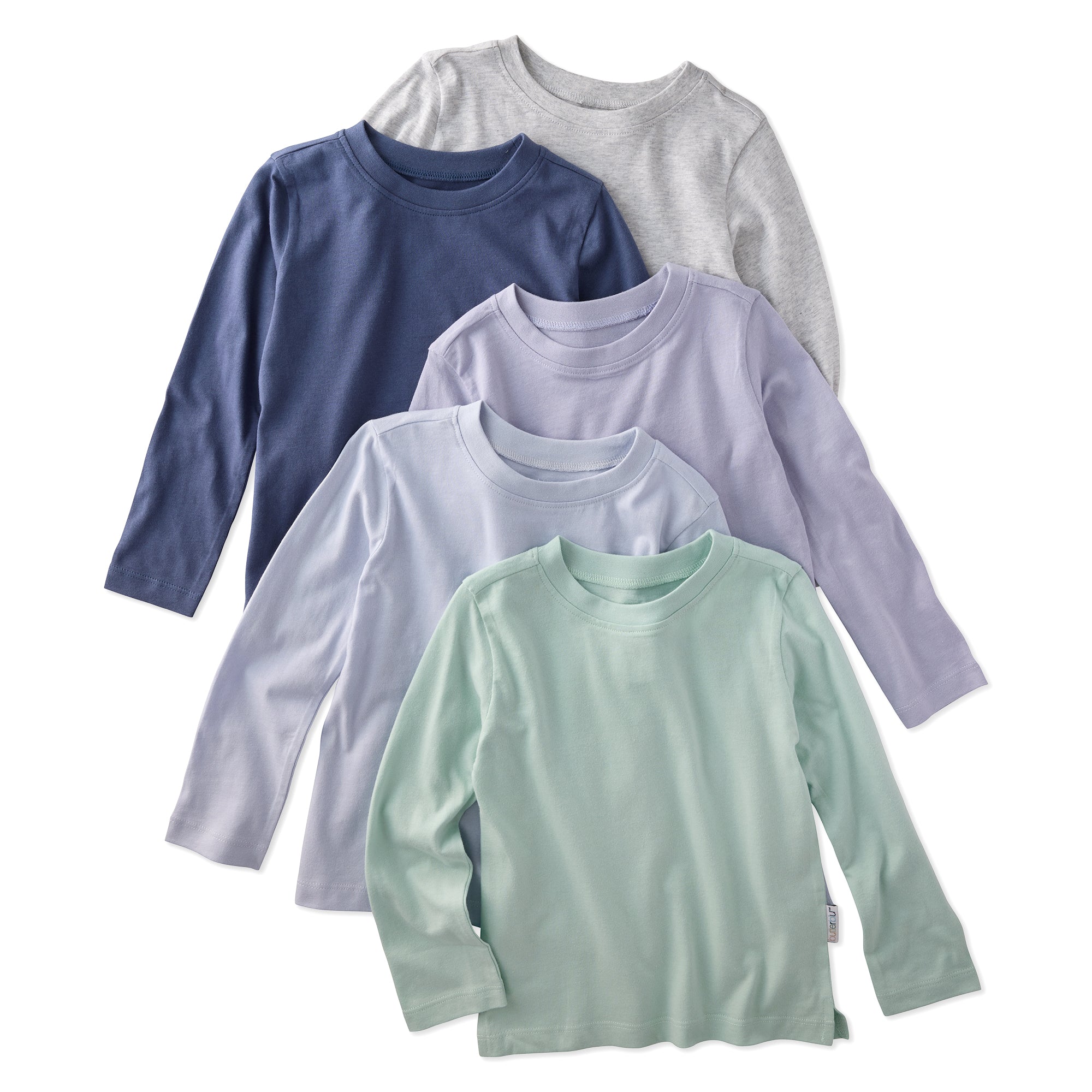 Stack of 5 long sleeve Tshirts in grey, navy, blue, and green, tacked on a white background