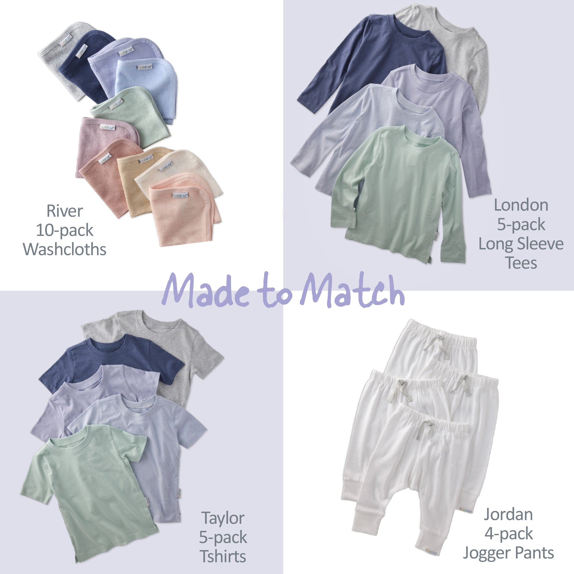 Collage over River washcloths, London long sleeves, Taylor short sleeves, and Jordan pants, all in frost