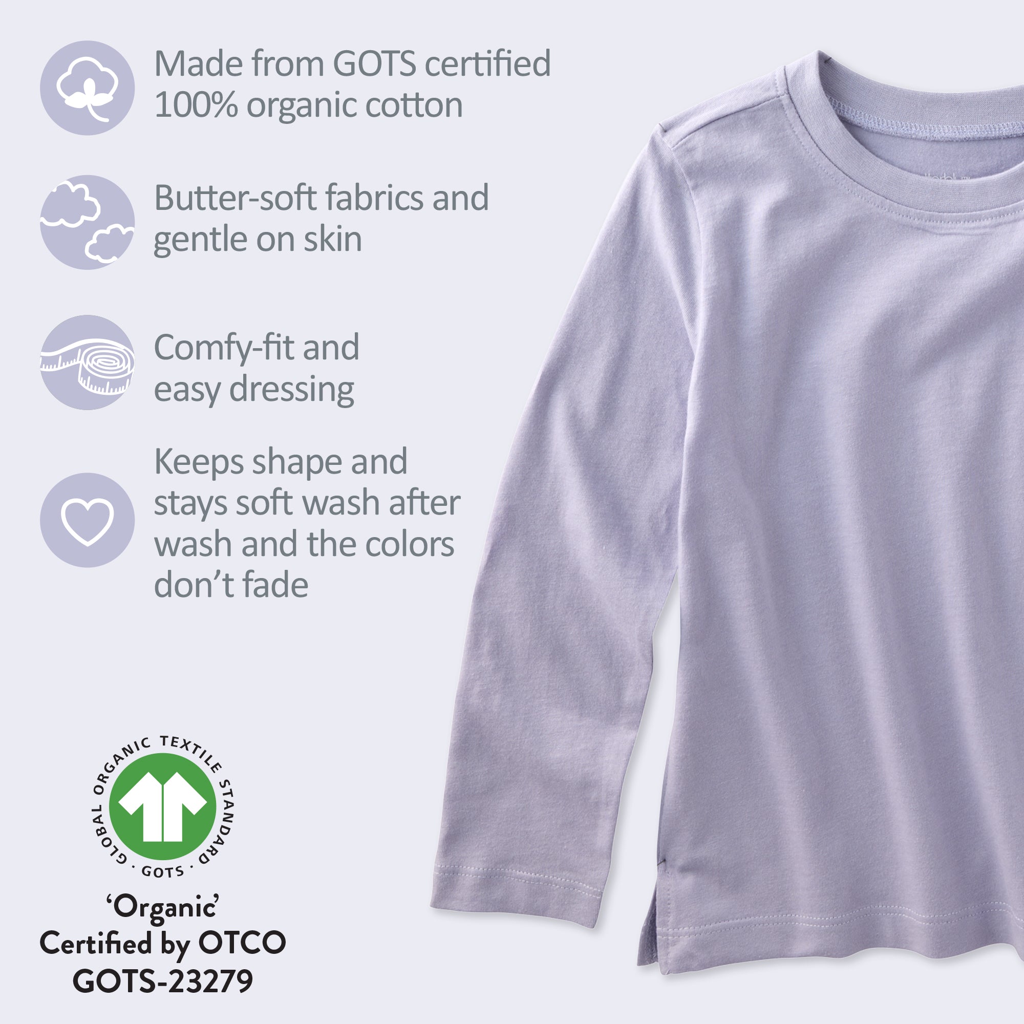 Purple t-shirt with GOTS product certificates