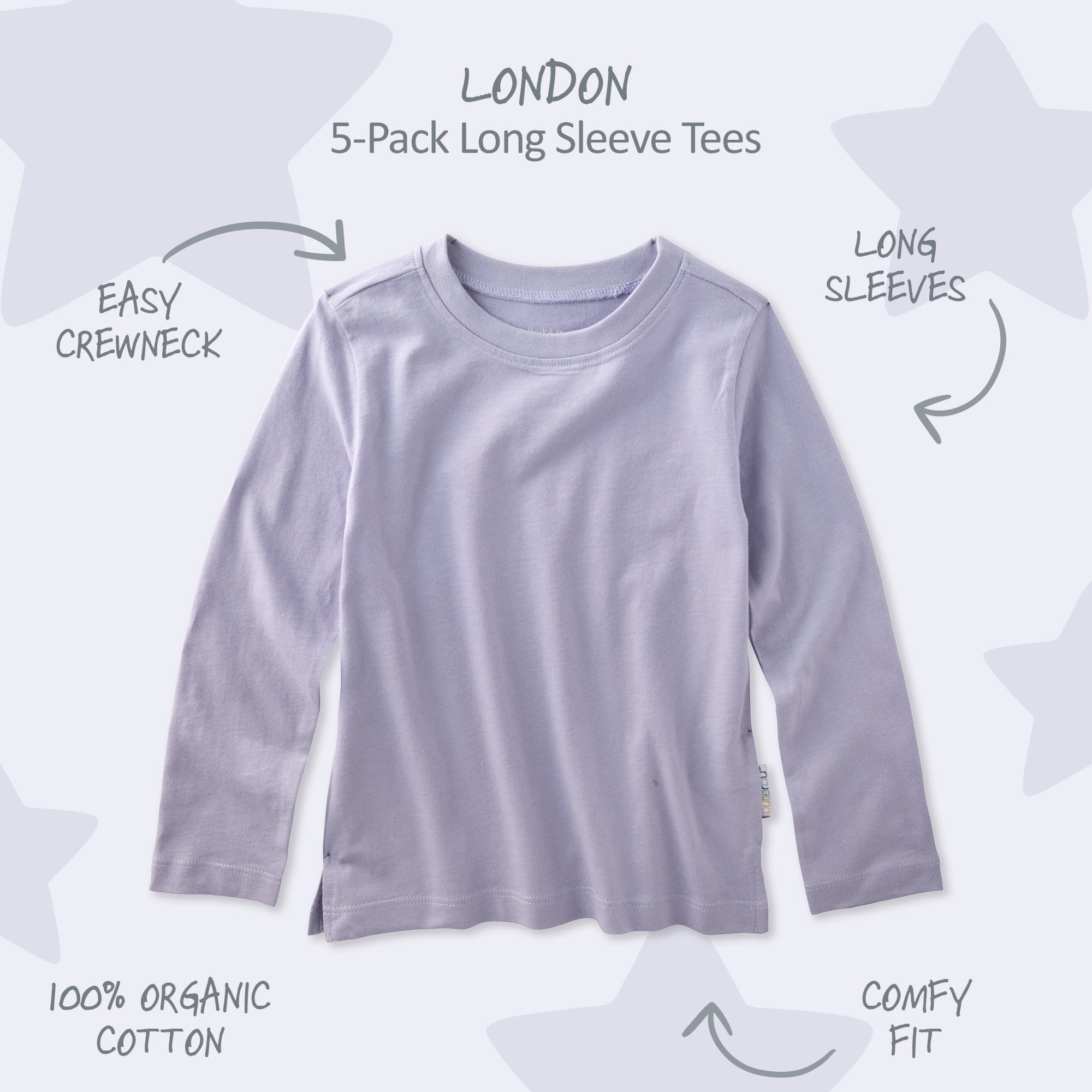Long sleeve purple Tshirt surrounded by product descriptions and London title at the top