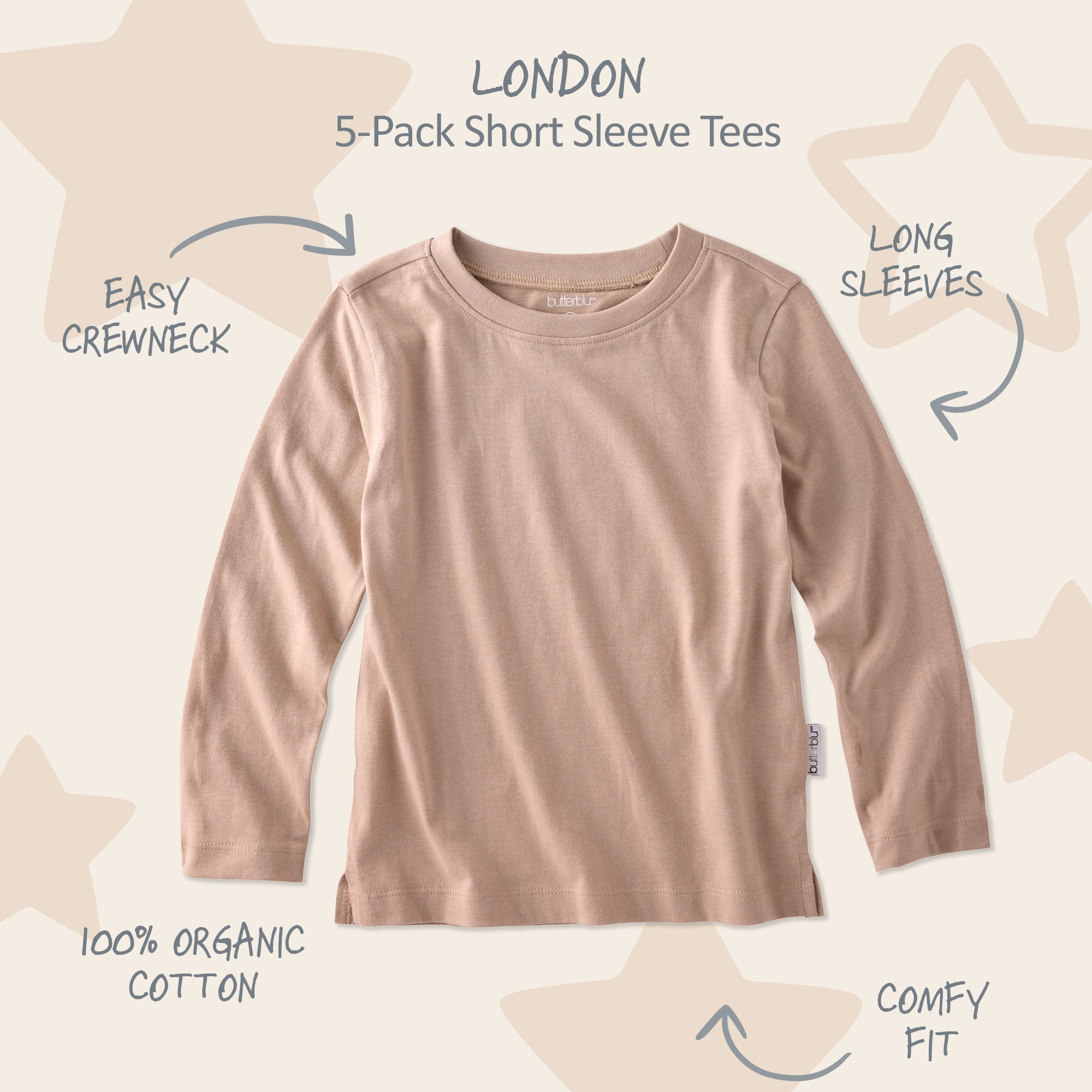 Brown long sleeve t-shirt on a light brown background surrounded by product descriptions and London title at top