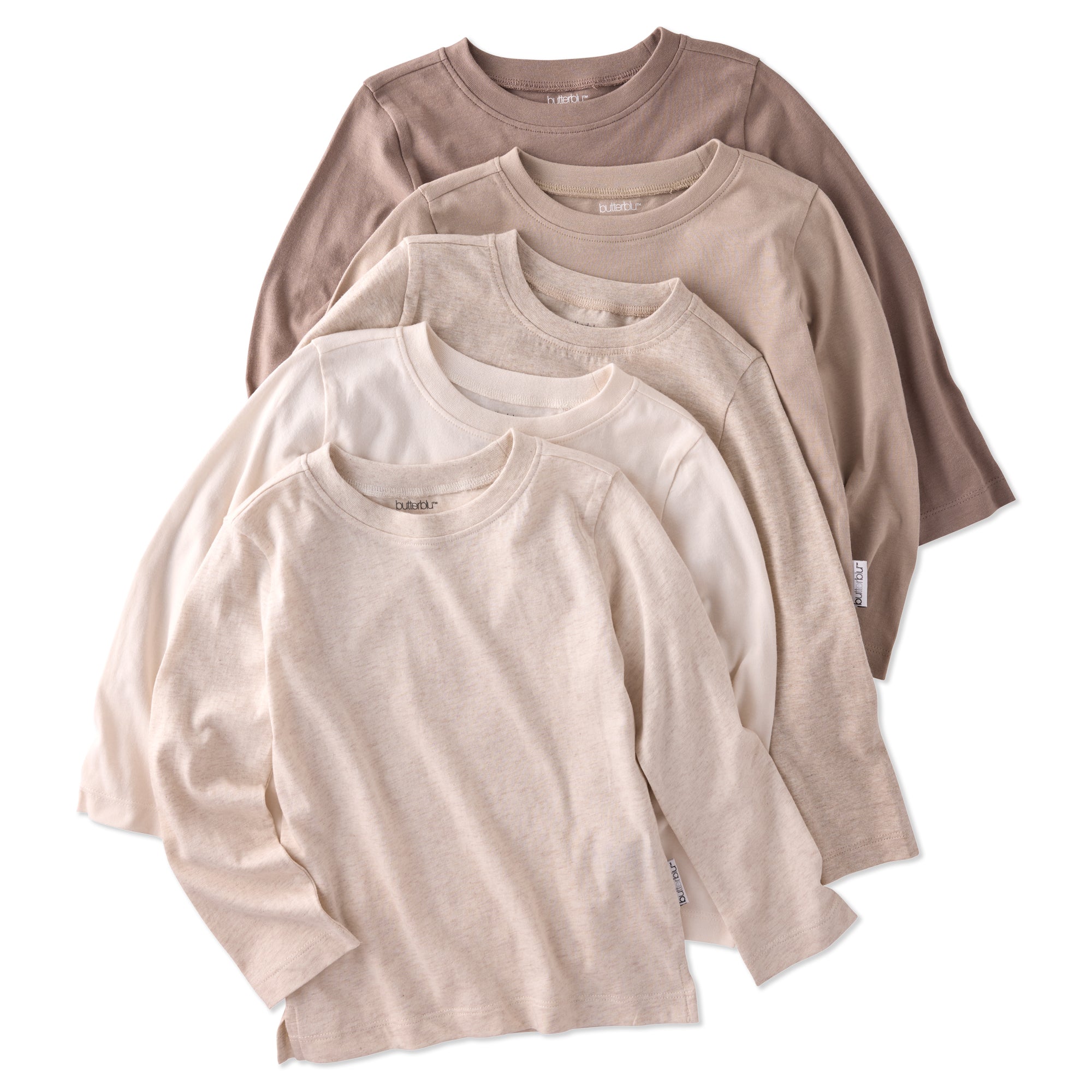 5 long sleeve Tshirts in different shades of brown and tan, stacked on a white background