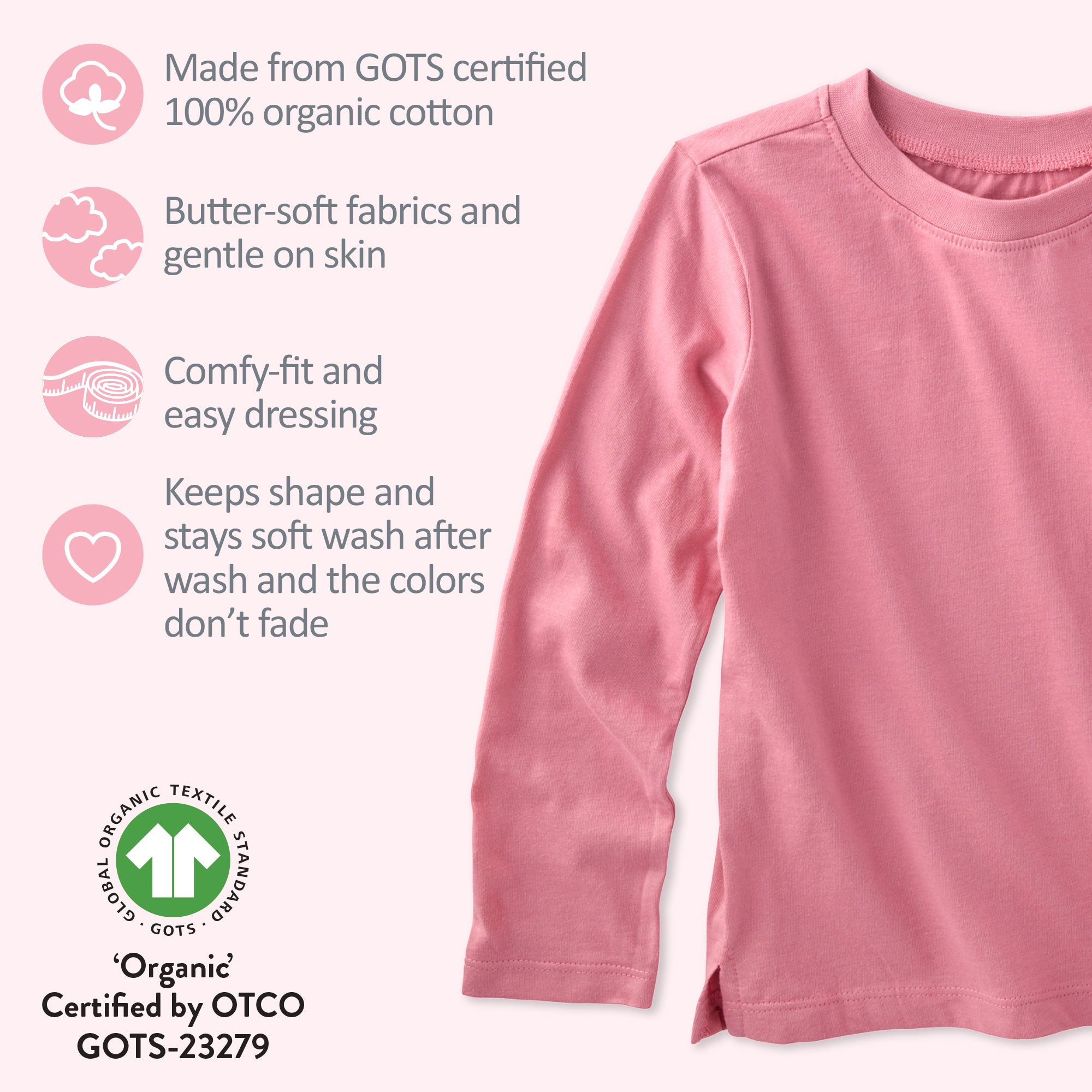 Long sleeve T-shirt on the right with GOTS product certifications on the left side