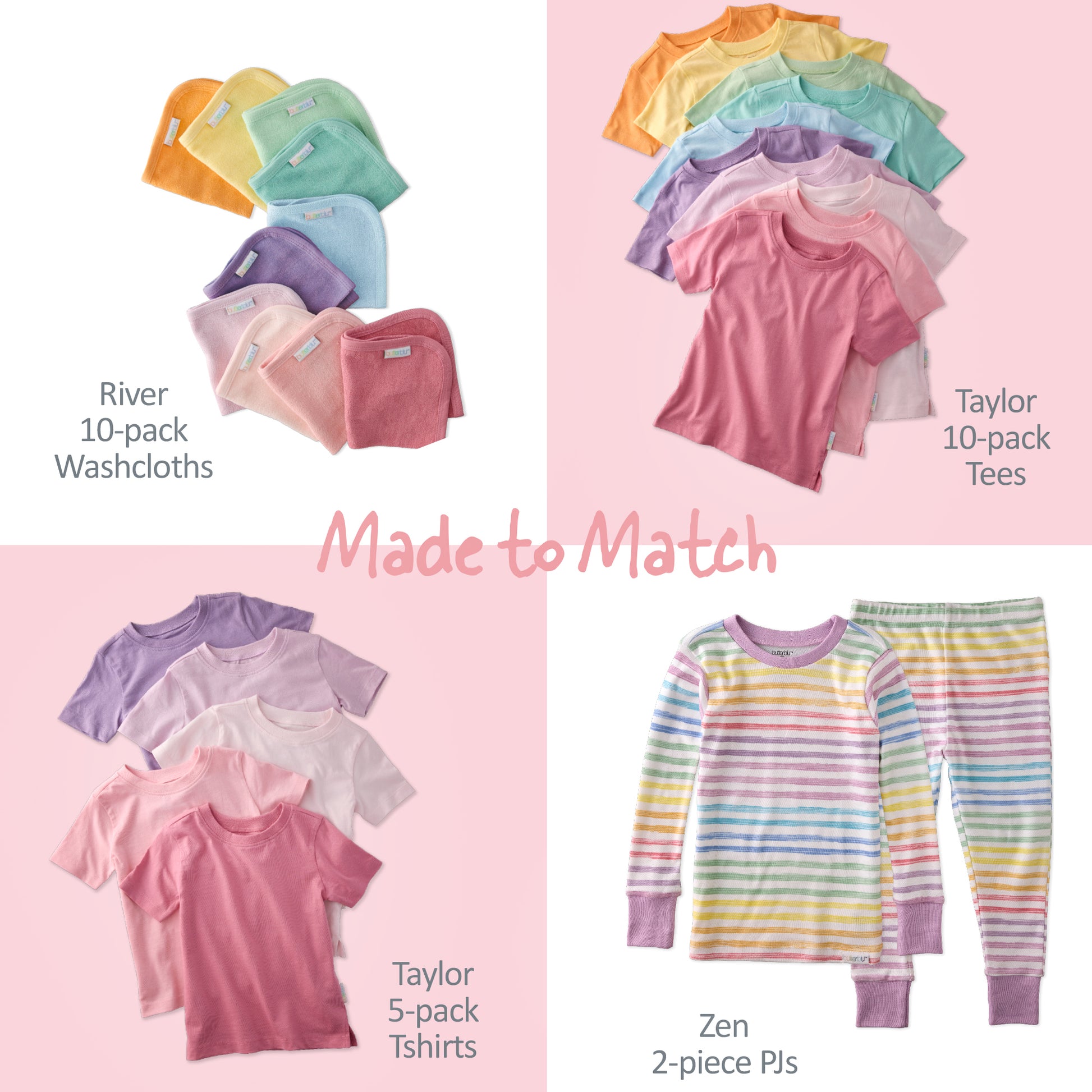 Collage of River washcloths, Taylor Tshirts, and Zen pajamas all in Pink and Sunny