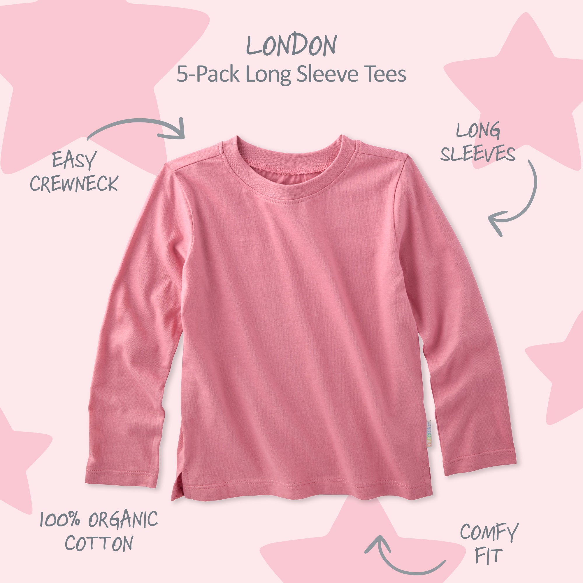Pink long sleeve Tshirt with product description surrounding it and London title at the top