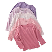 5 long sleeve Tshirts in purple and pink stacked on a white background