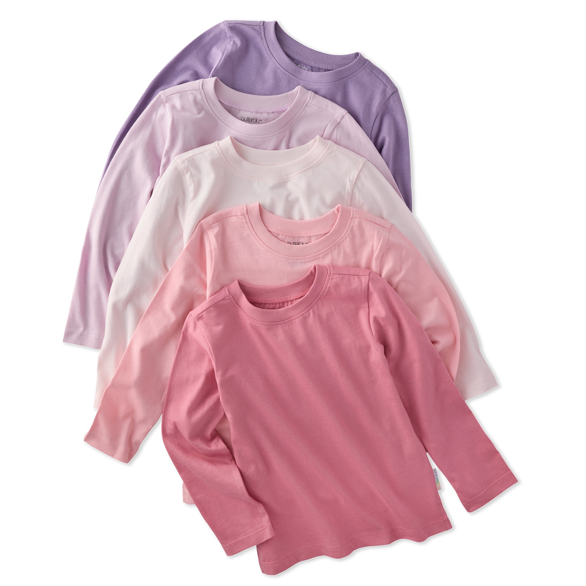 5 long sleeve Tshirts in purple and pink stacked on a white background