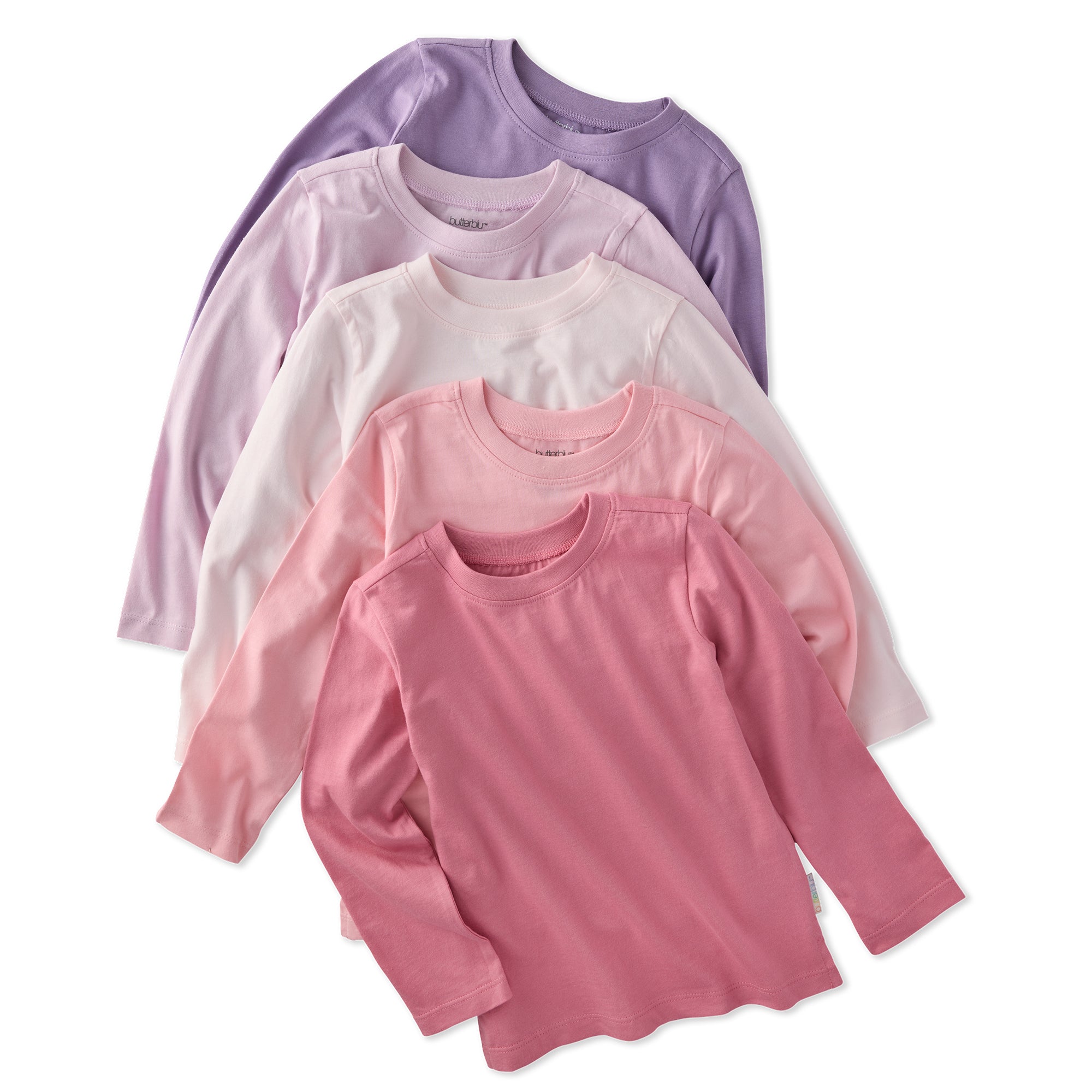 5 long sleeve Tshirts in purple and pink stacked on a white background