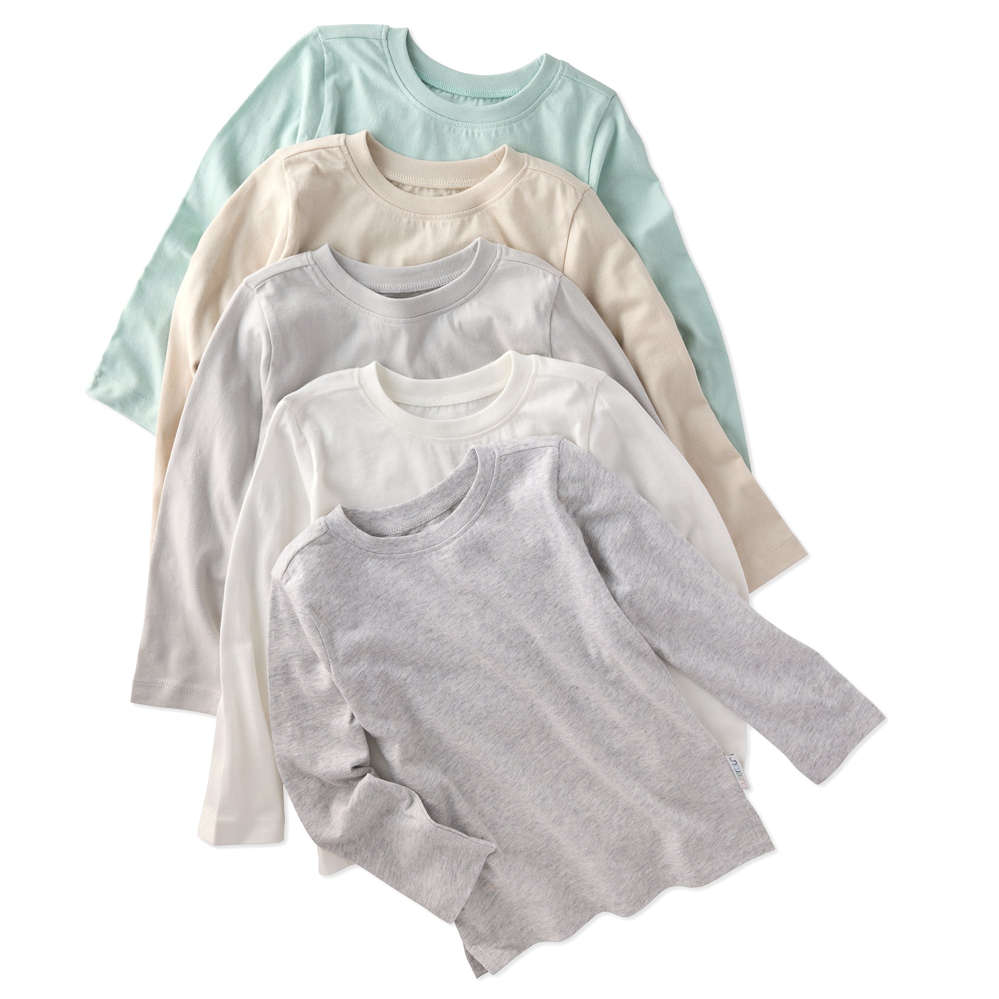 5 long sleeve Tshirts in green, beige, grey, and white, stacked on a white background