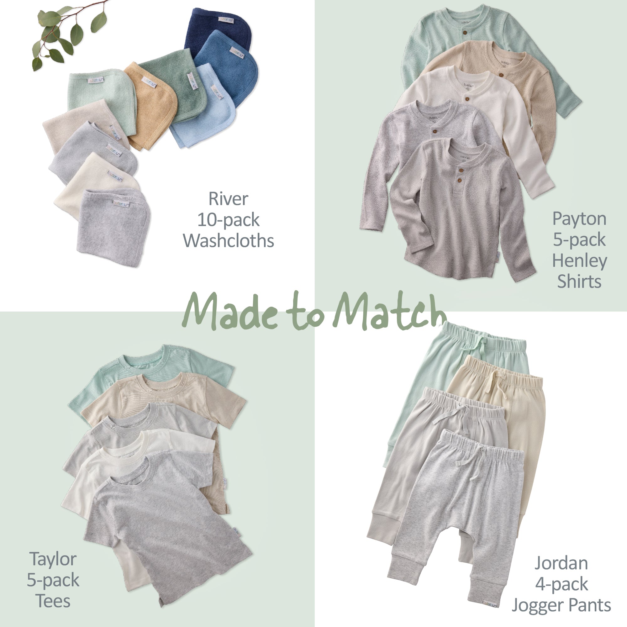 collage of River washcloths, Payton henleys, Taylor Tshirts, and Jordan joggers, all in Seafoam