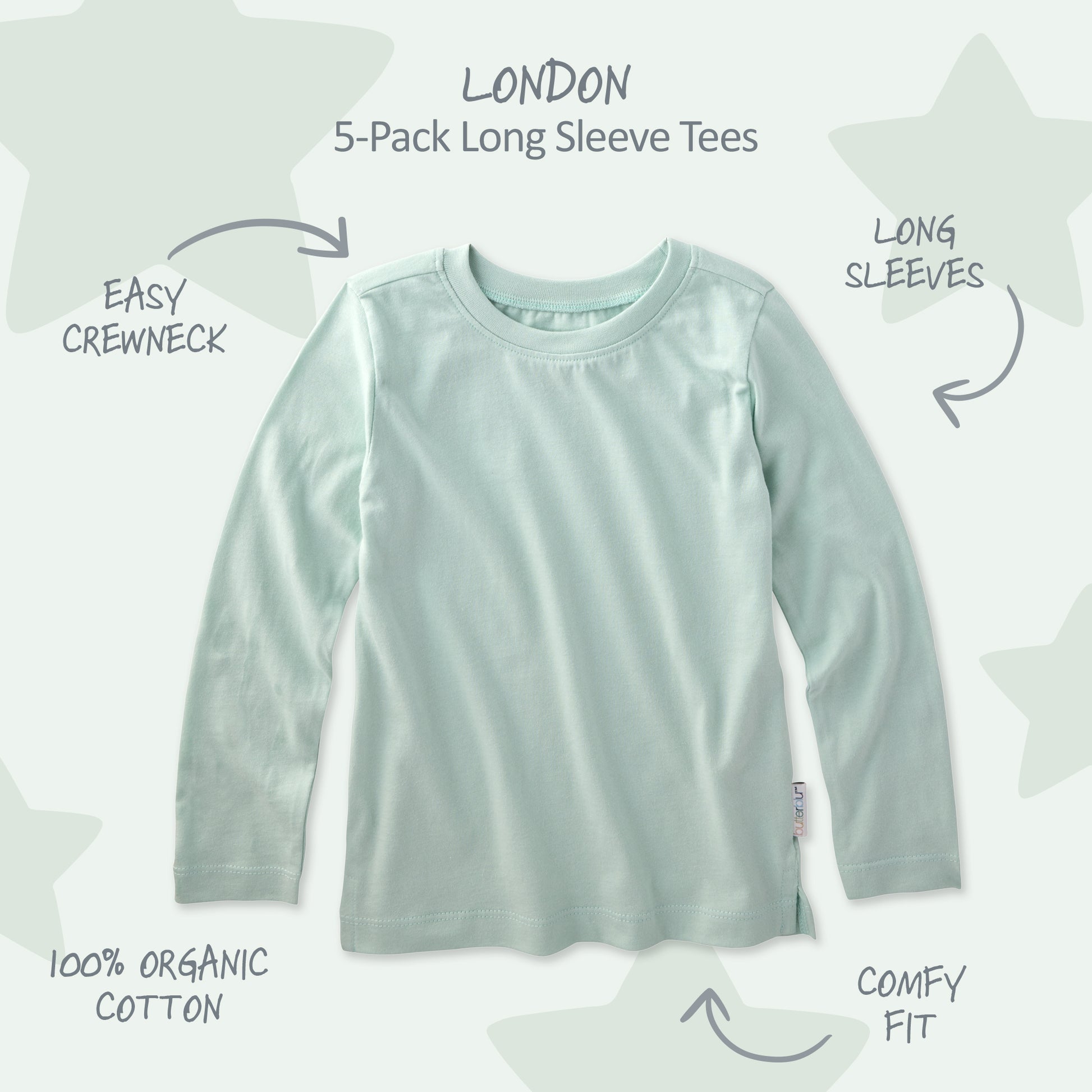 Long sleeve green Tshirt surrounded by product descriptions with London title at the top