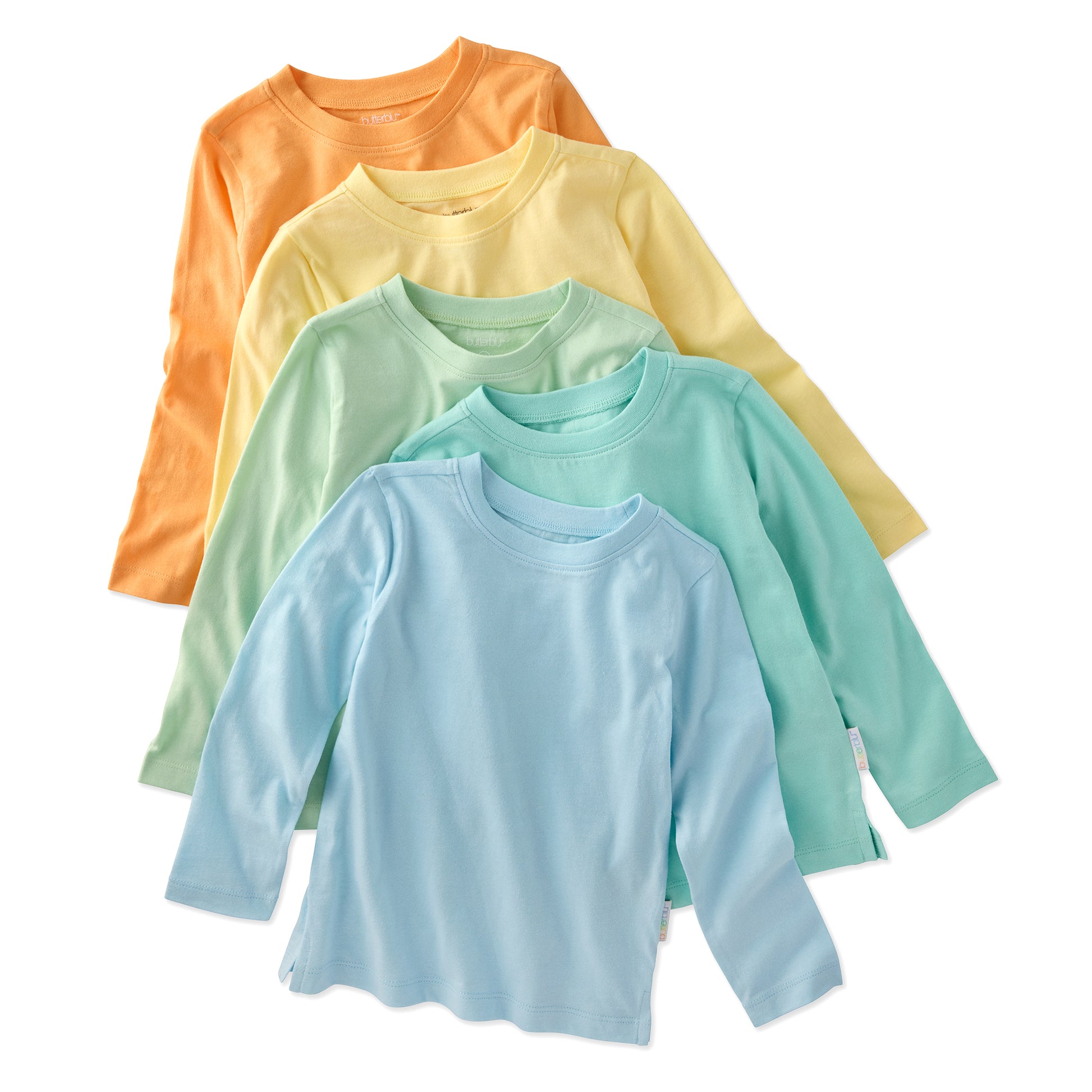 5 long sleeve Tshirts in orange, yellow, green, and blue stacked on a white background