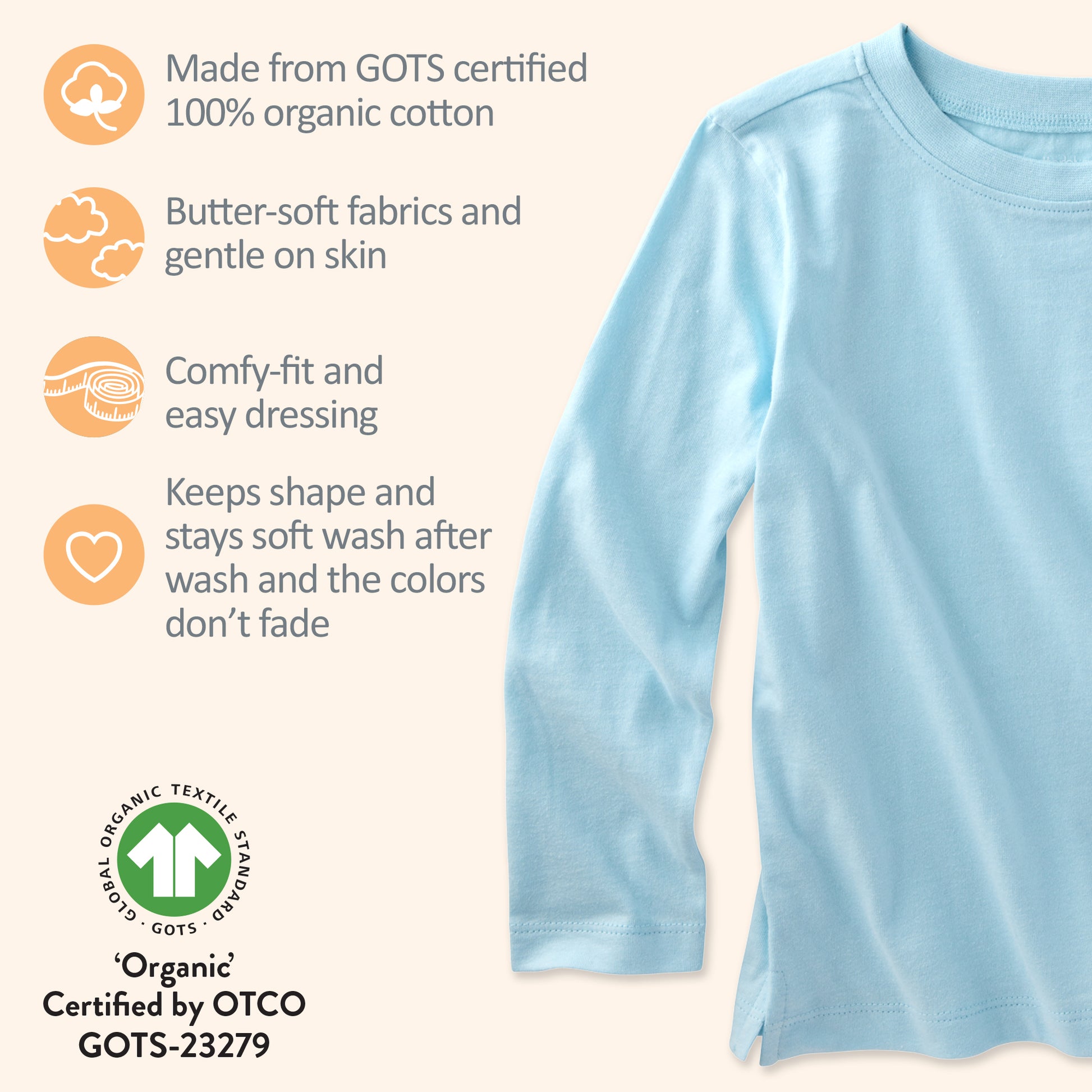 Long sleeve T-shirt on the right with GOTS product certifications on the left side