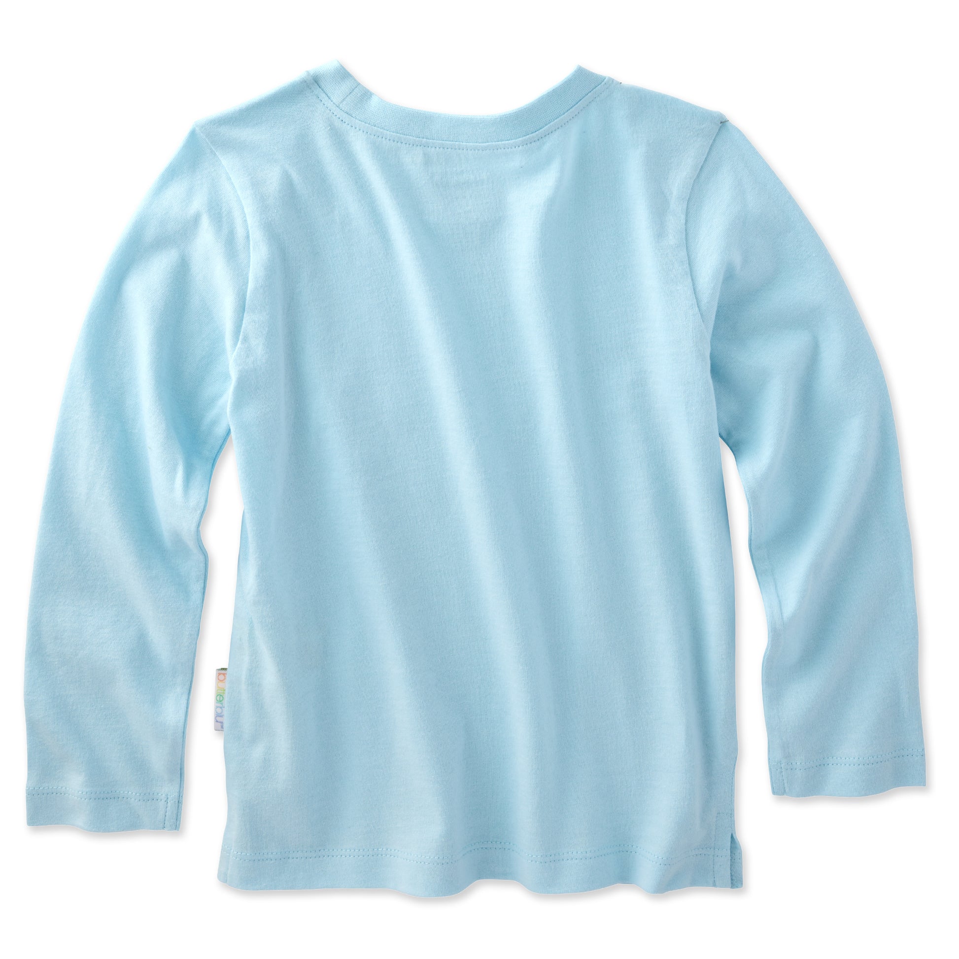 backside of a blue long sleeve Tshirt on a white background