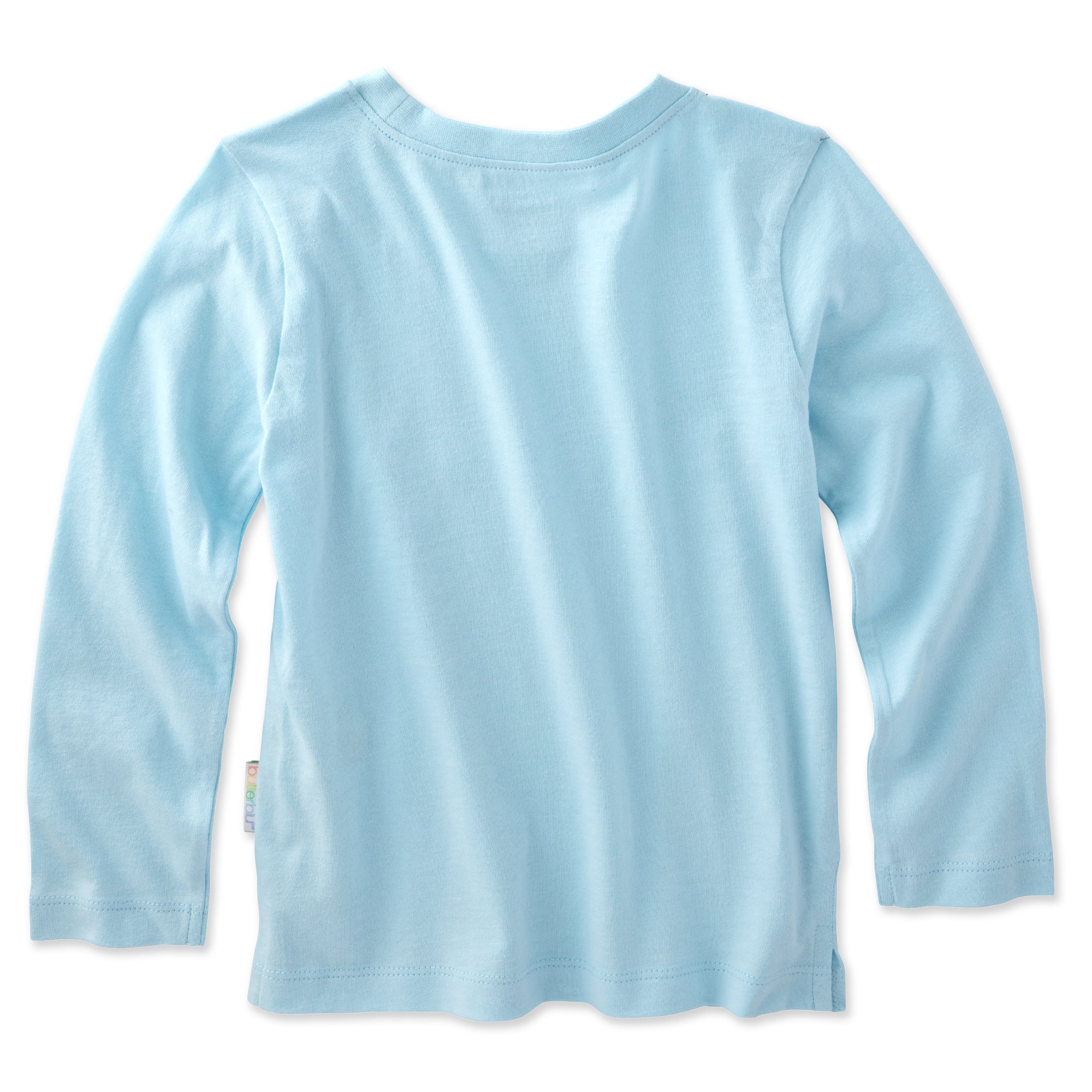 backside of a blue long sleeve Tshirt on a white background
